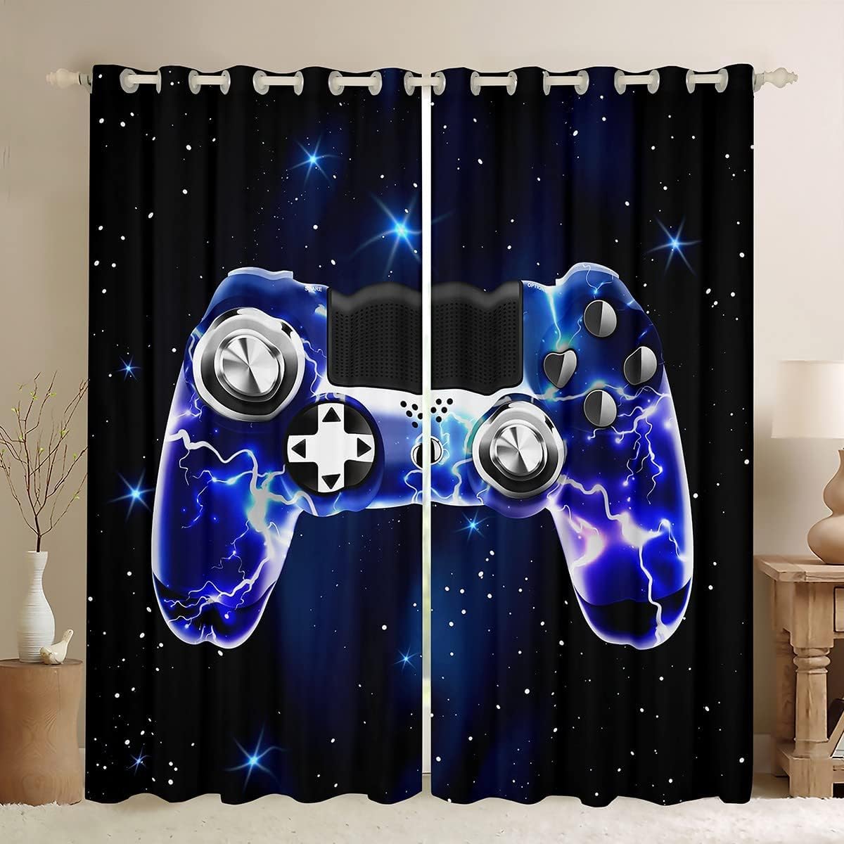 Homemissing Galaxy Gaming Curtains Purple Lightning Gamecurtain For Bedroom For Kids Boys Video Game Gamepad Windows Drapes Game,W46*L54