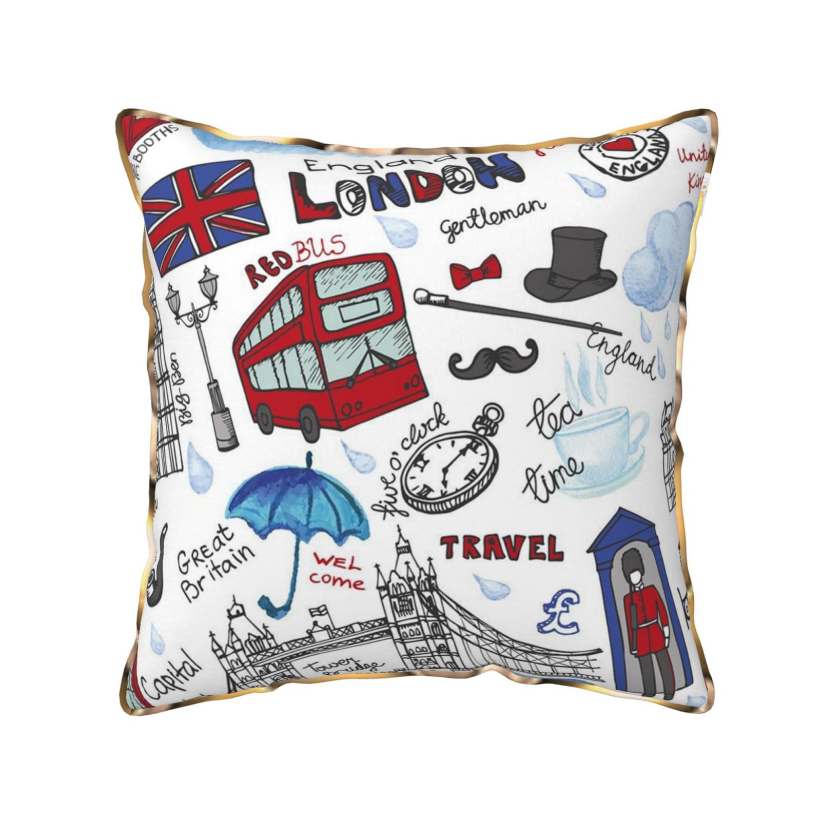 AUBKFELD London Printed Velvet Cushion Cover 40x40 CM with Gold Edging Strip, Square Pillowcase Soft Throw Pillow Covers Case Decorative for Living Room Sofa Couch Bed Bench