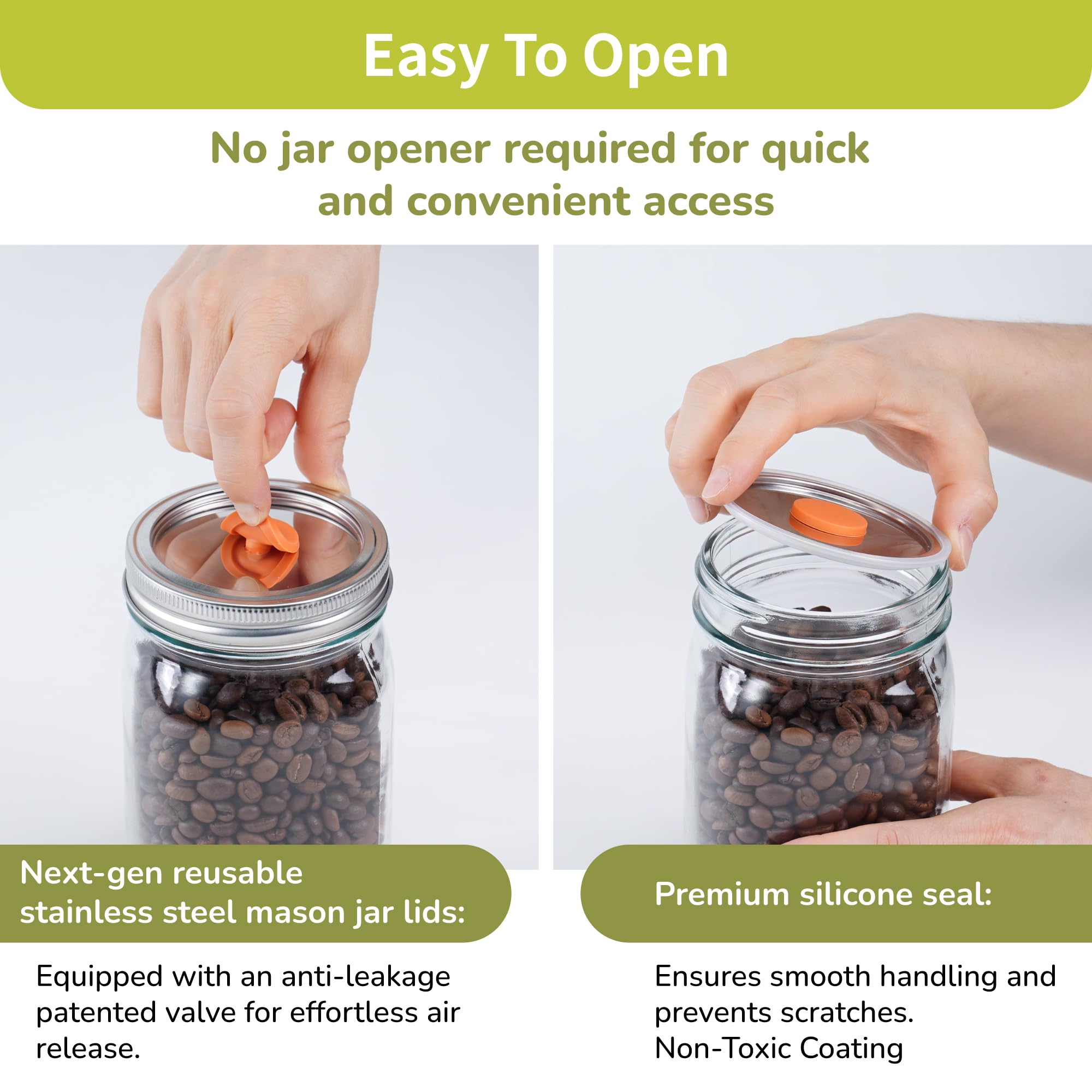 MasonSeal - Coperchi a bocca larga con sigillatore sottovuoto, confezione da 6 coperchi in acciaio inox con valvola avanzata, compatibili con Ball & Kerr MasonJars