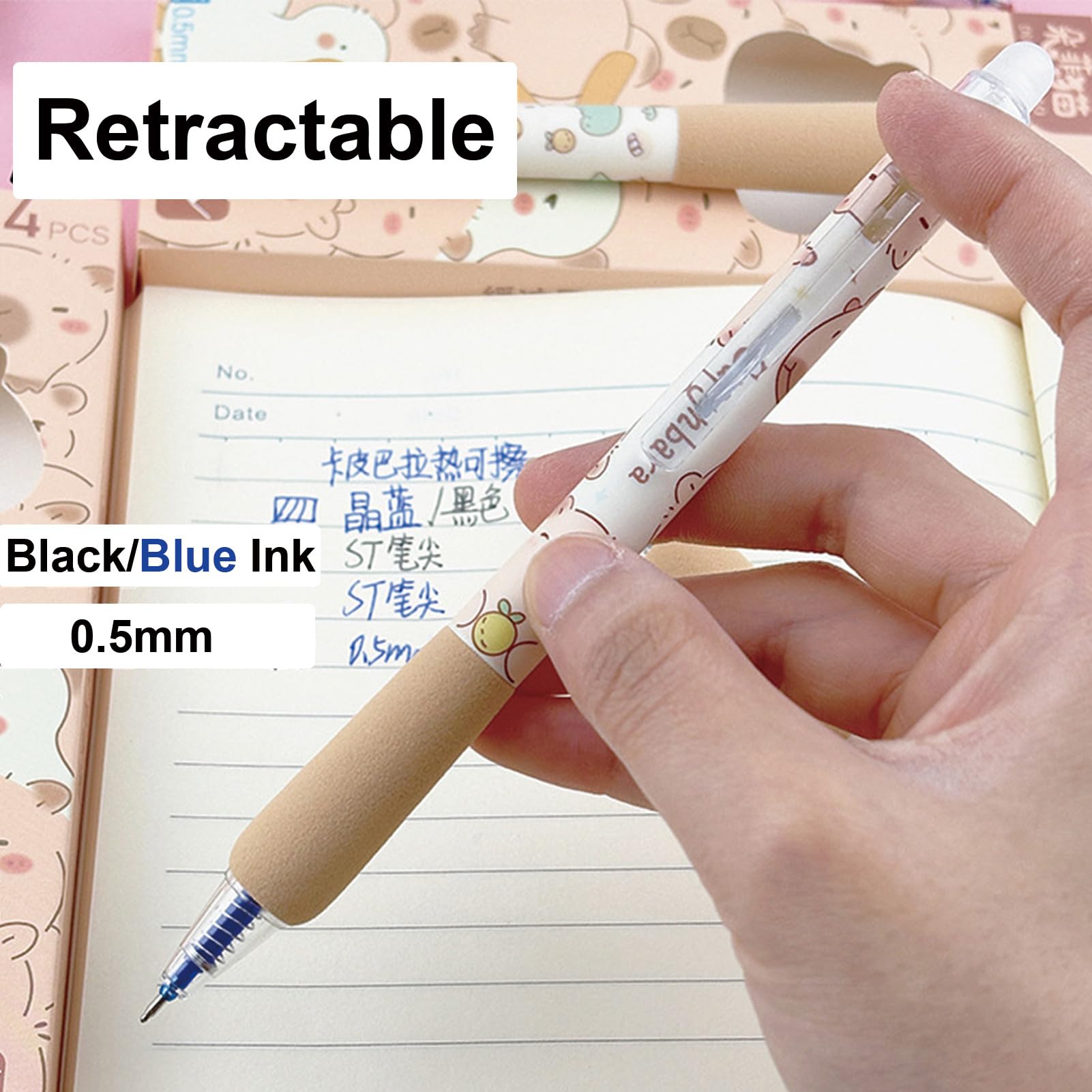 4 Pcs Cute Erasable Pens Retractable Erasable Pens Kawaii Cartoon Capybara Gel Pen 0 5mm Blue Ink Smooth — view 4