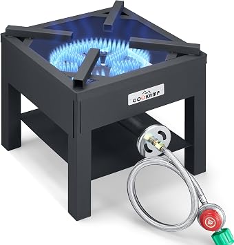 COOKAMP High Pressure Banjo 1-Burner Outdoor Propane Gas Cooker 260000 BTU with 0-30 PSI Adjustable Regulator and Steel Braided Hose For Outdoor Cooking Turkey Fry BALCK SA1750
