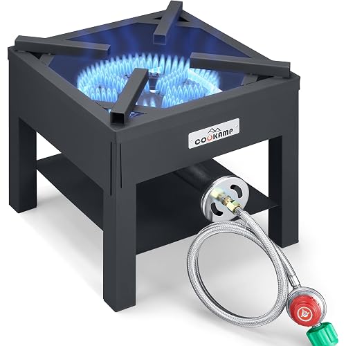 COOKAMP High Pressure Banjo 1-Burner Outdoor Propane Gas Cooker 260000 BTU with 0-30 PSI Adjustable Regulator and Steel Braided Hose For Outdoor Cooking Turkey Fry (BALCK) SA1750