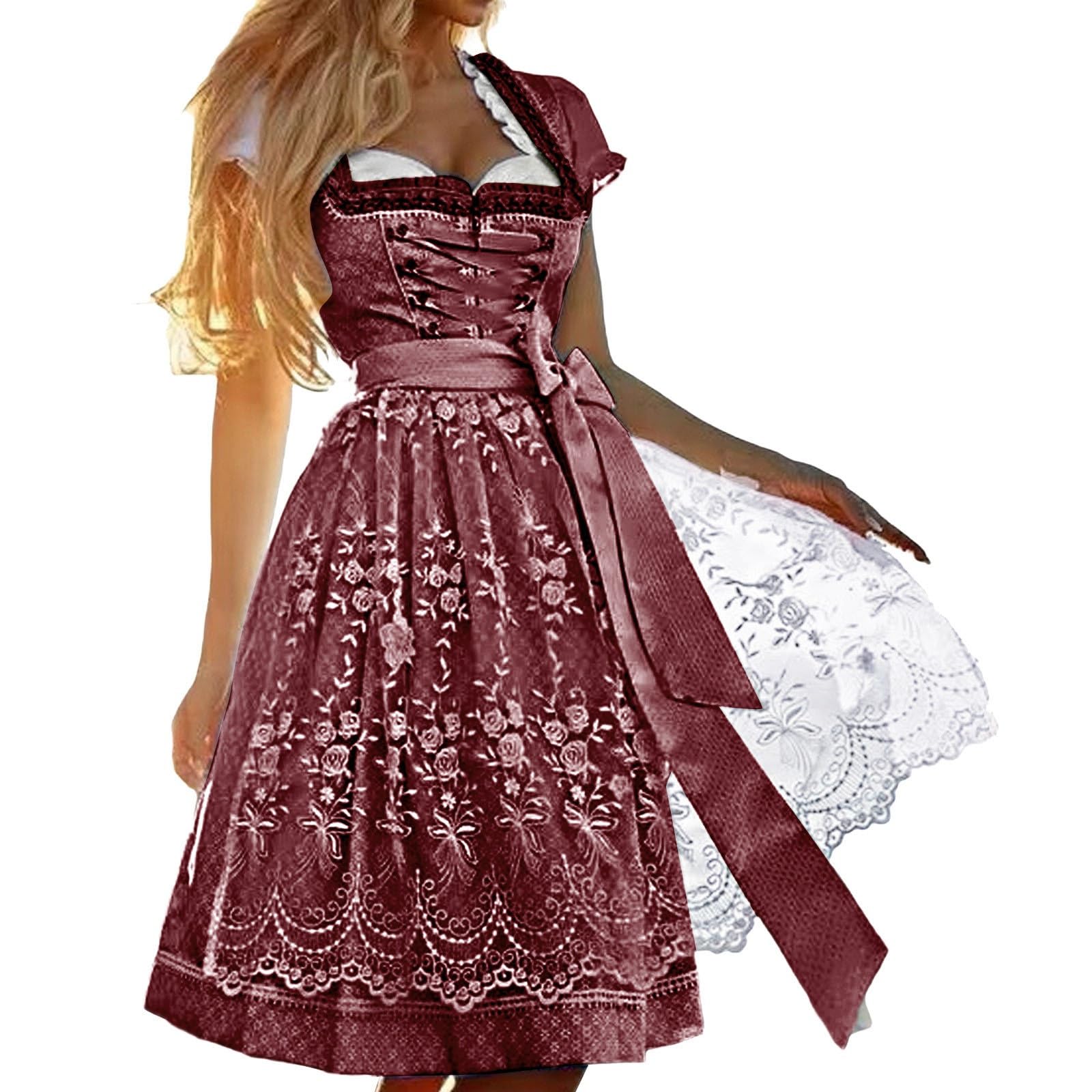 SKFLABOOF Dirndl Midi Damen 'Dirndl Gr 50 Oktoberfest Outfit Kurz Dirdnl Lang Trachtenrock Drindl Dirnsl Stretch Für Trachtenkleid Kleid Komplettset Ohne Schnürung Dindl 3 Teilig Drindel