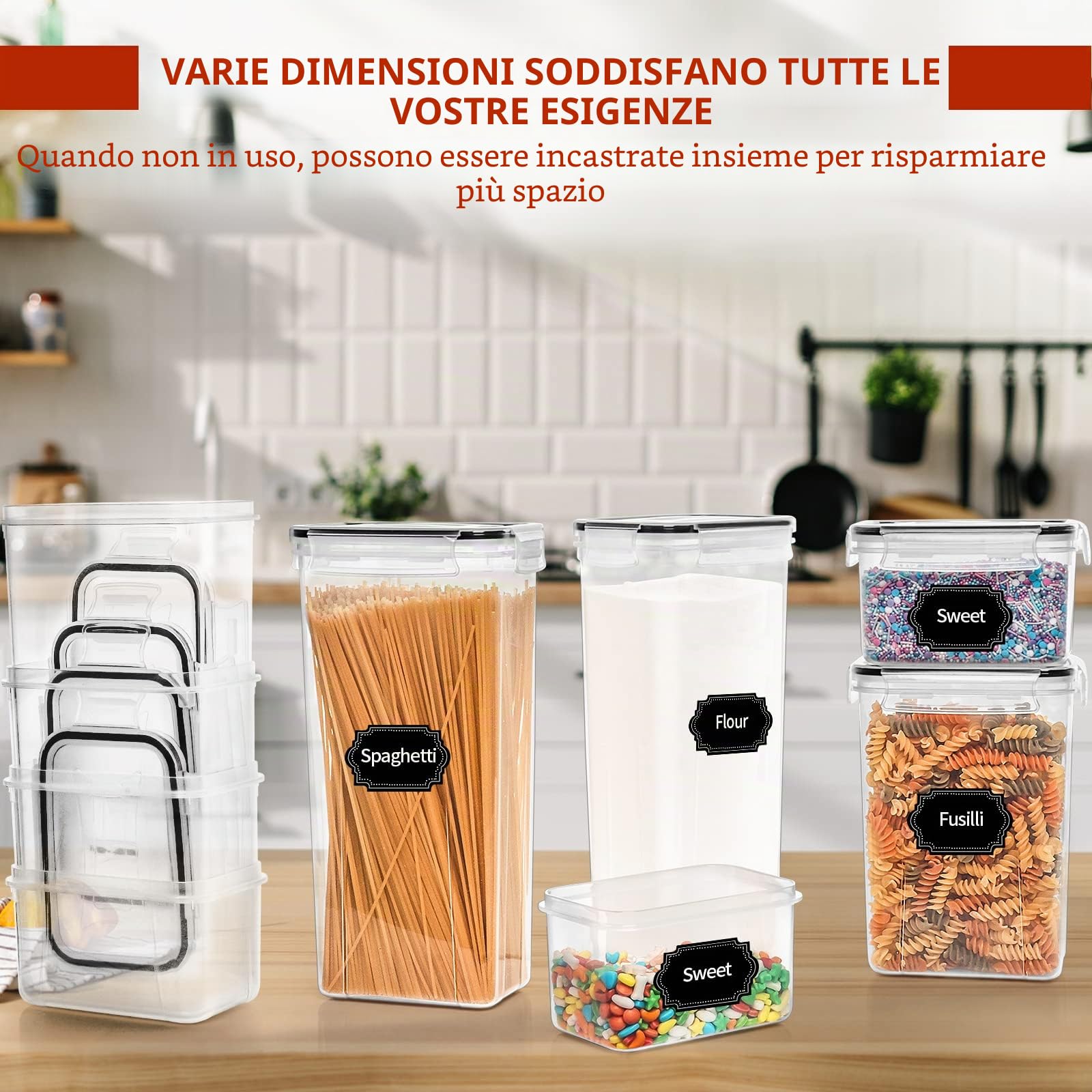 Skroam Set di 24 barattoli ermetici da cucina, senza BPA, per cereali, farina e zucchero, colore nero