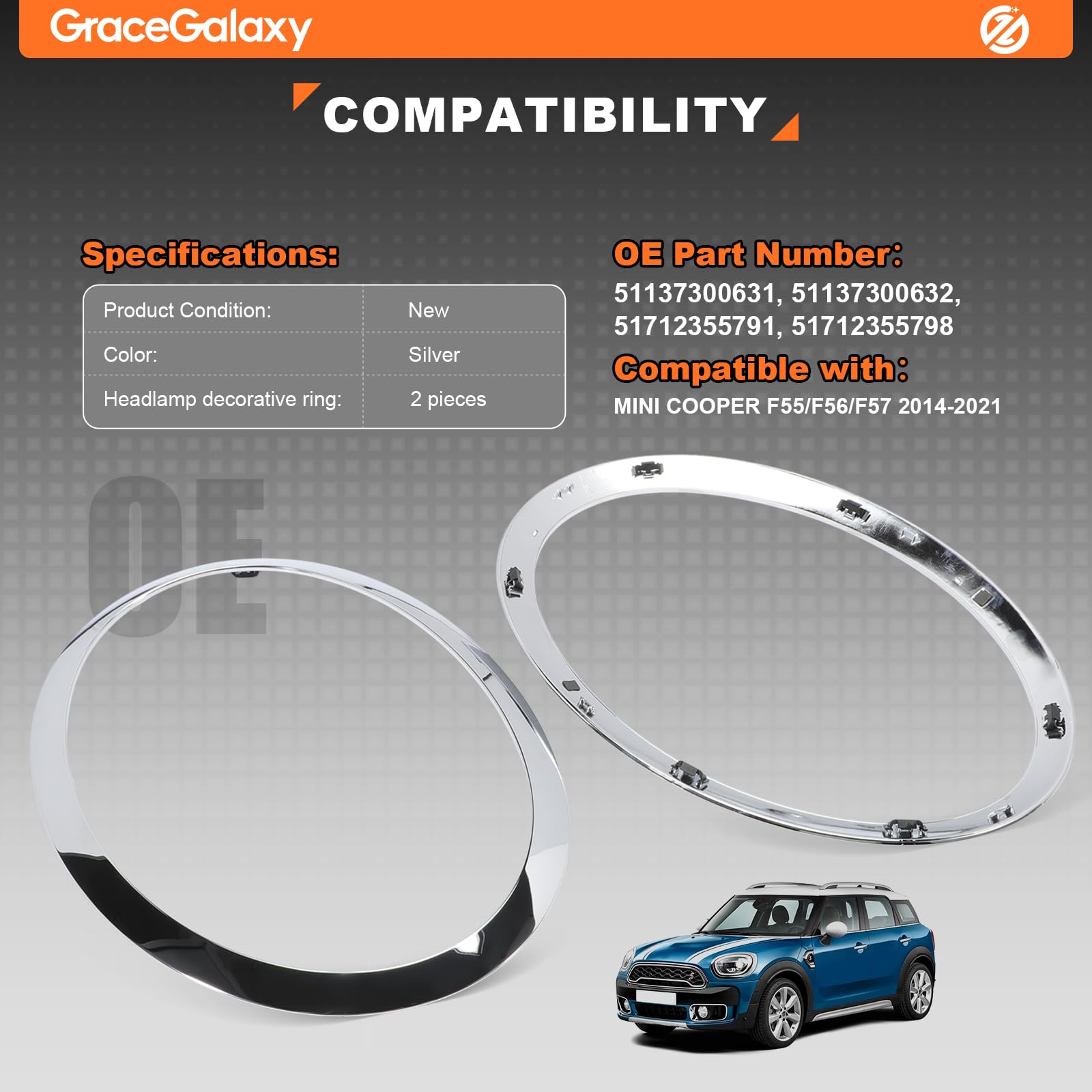 GraceGalaxy Cornici Fari per Mini Cooper F55 F56 F57 2014-2021 51137300631 51137300632 51712355791 Argento, Un paio