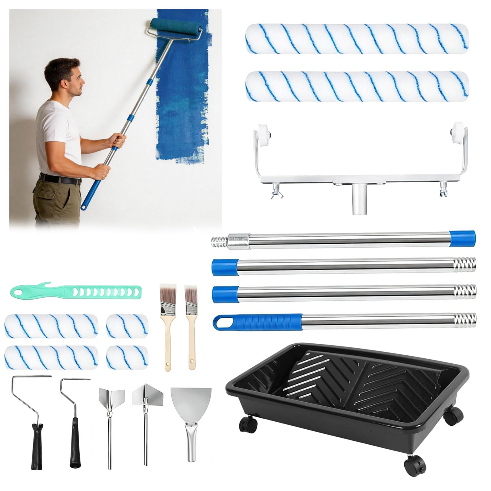 Set di rulli da pittura da 45,7 cm, kit completo di rulli per vernice, vassoio con ruote, 4 aste di estensione da 42 cm, 2 pennelli, telaio a rullo regolabile, rullo lungo per pareti e soffitti