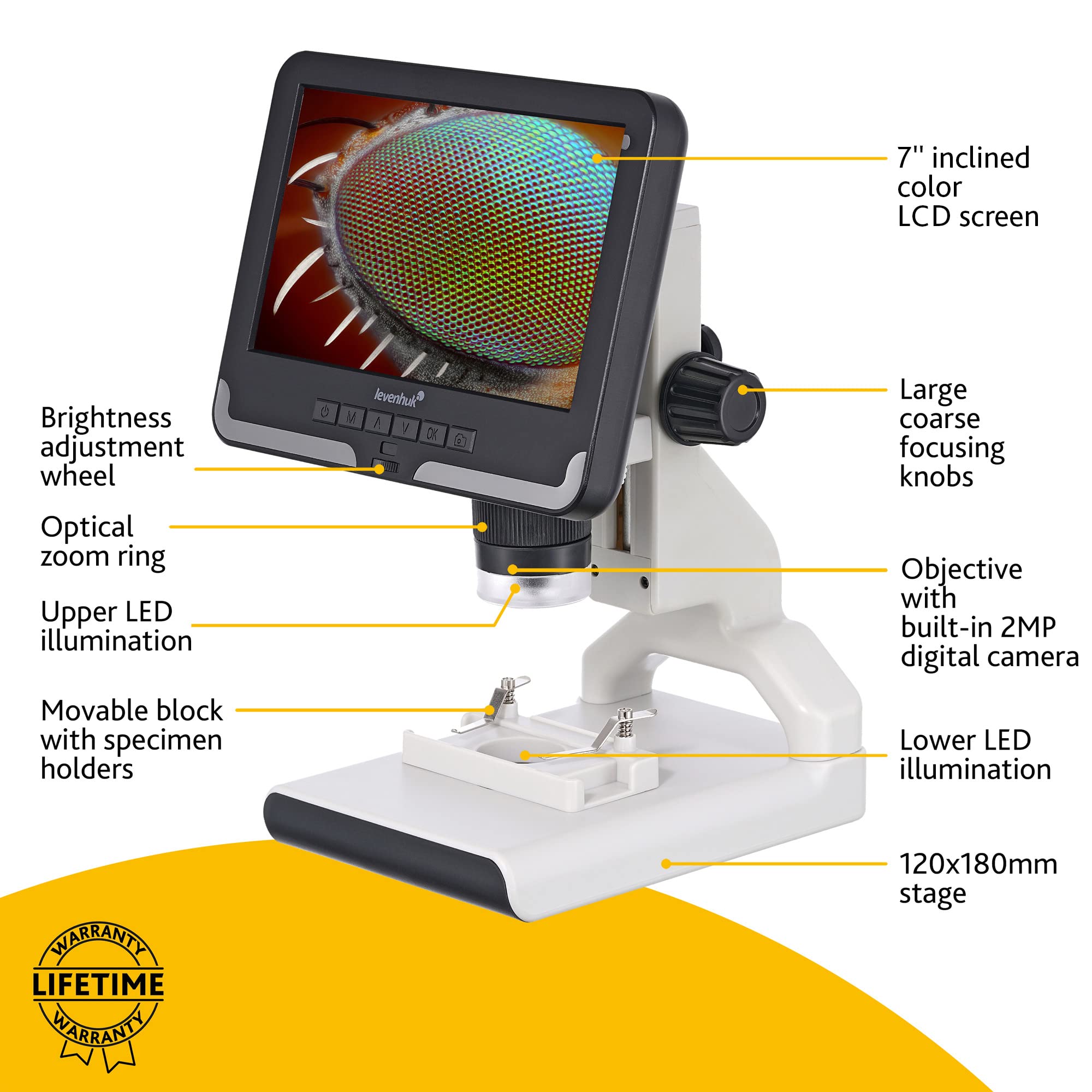 Levenhuk Rainbow DM700 LCD Microscopio Digitale Wireless con Schermo LCD da 7", Ingrandimento 10x–200x, Telecomando e Vetrini Inclusi nel Kit