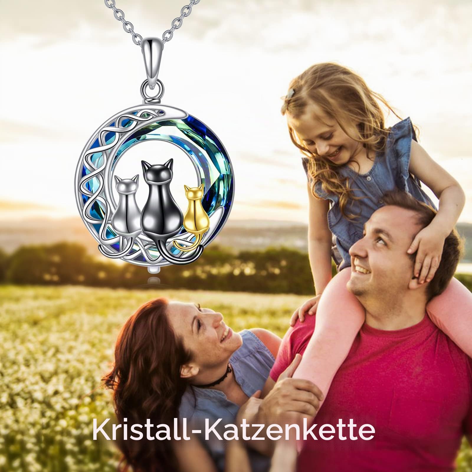 POPLYKE Katze Halskette Sterling Silber Schwarzer/Weiß Herz/Mond/Mondstein/Kristall Irischer Schmuck Geschenke für Frauen