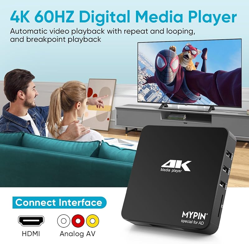 MYPIN 4K 60Hz médialejátszó 8TB HDD/256GB USB/SD kártyához HDMI AV kimenettel