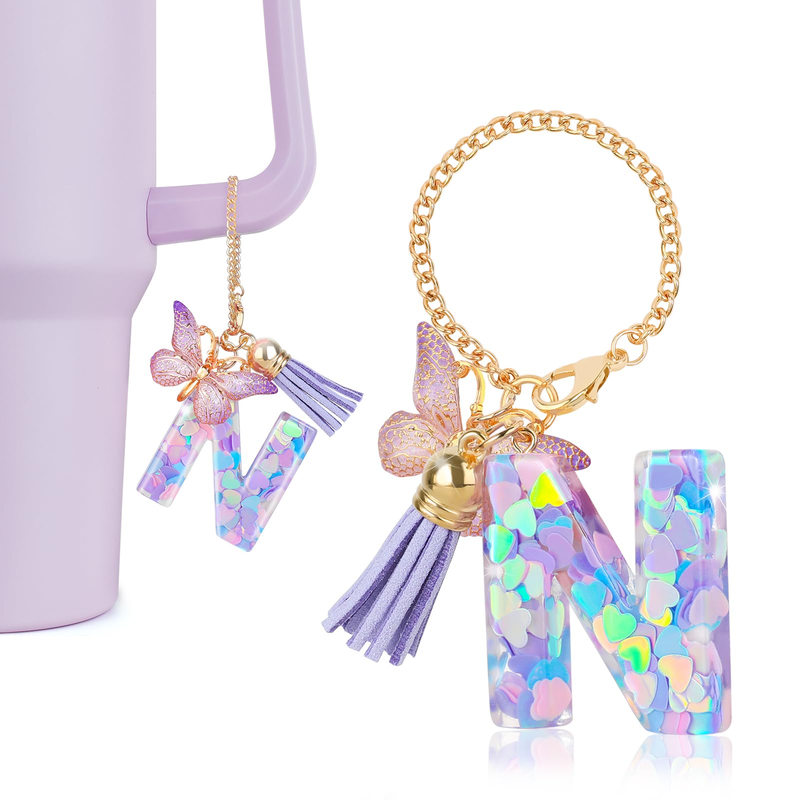 DECZHIYU Letter Charms for Stanley Cup with Handle, Initial N Charms Accessories for Stanley Tumbler, Purple Charm for Key Purse Handbags Backpacks,