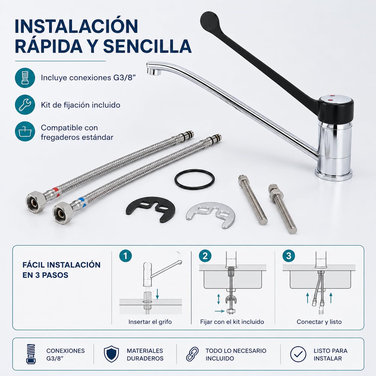 GOLDMAN SERVICE | Grifo de Codo Gerontológico Monomando, Palanca Larga 30 cm, Caño 360°, Grifo Sanitario e Higiénico para Hospitales, Clínicas, Laboratorios y Cocina Profesional