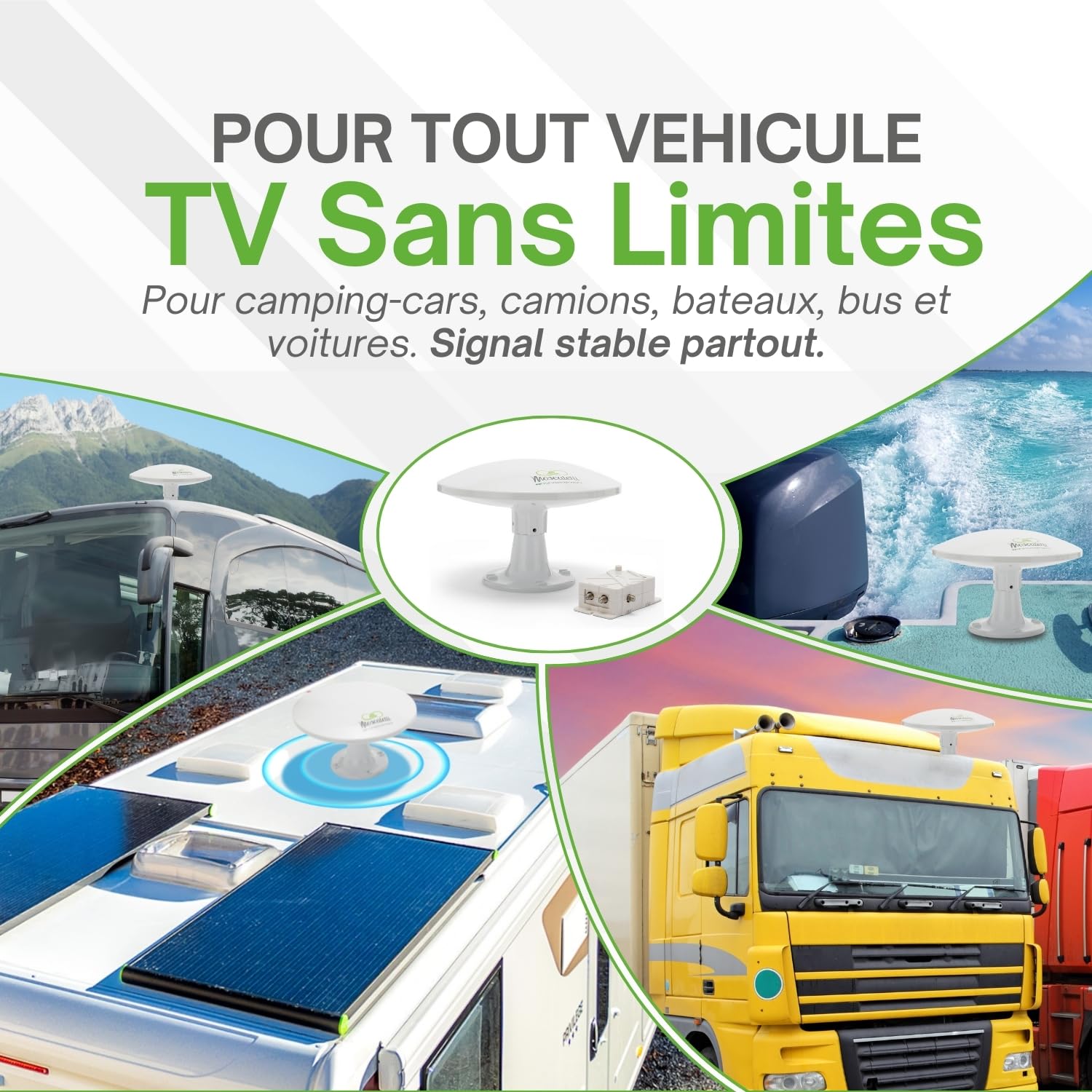 MOSCATELLI Antenne Omnidirectionnelle Terrestre TNT HD - DVB-T/T2 – Dab – 12/24/220 V – Kit Complet avec Câbles et Puissant Amplificateur pour Camping Car, Caravane, Fourgon, Camion, Bateau