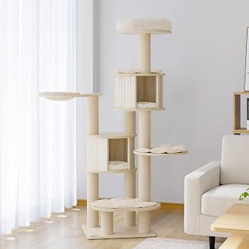 KAMABOKO 67 Tall Cat Tree, Extra Large Cat Tree - 8 Levels Wood Cat Tower Chewable w/Cat Condo, Hammocks & Hanging Basket for Large Cats