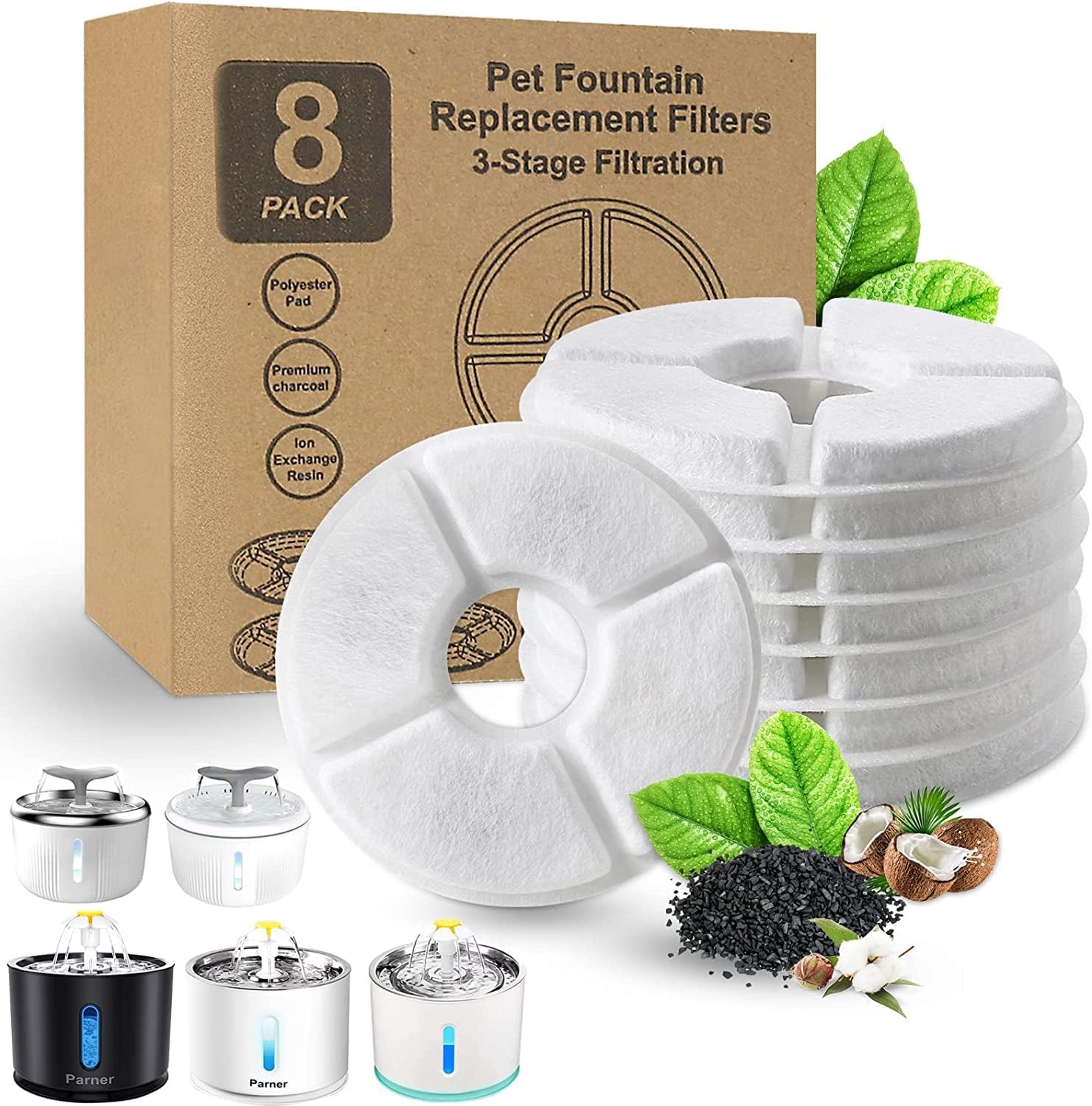 Parner 8 Pack Replacement Filter for Cat Fountain, Healthy and Hygienic Filter for Pet Water