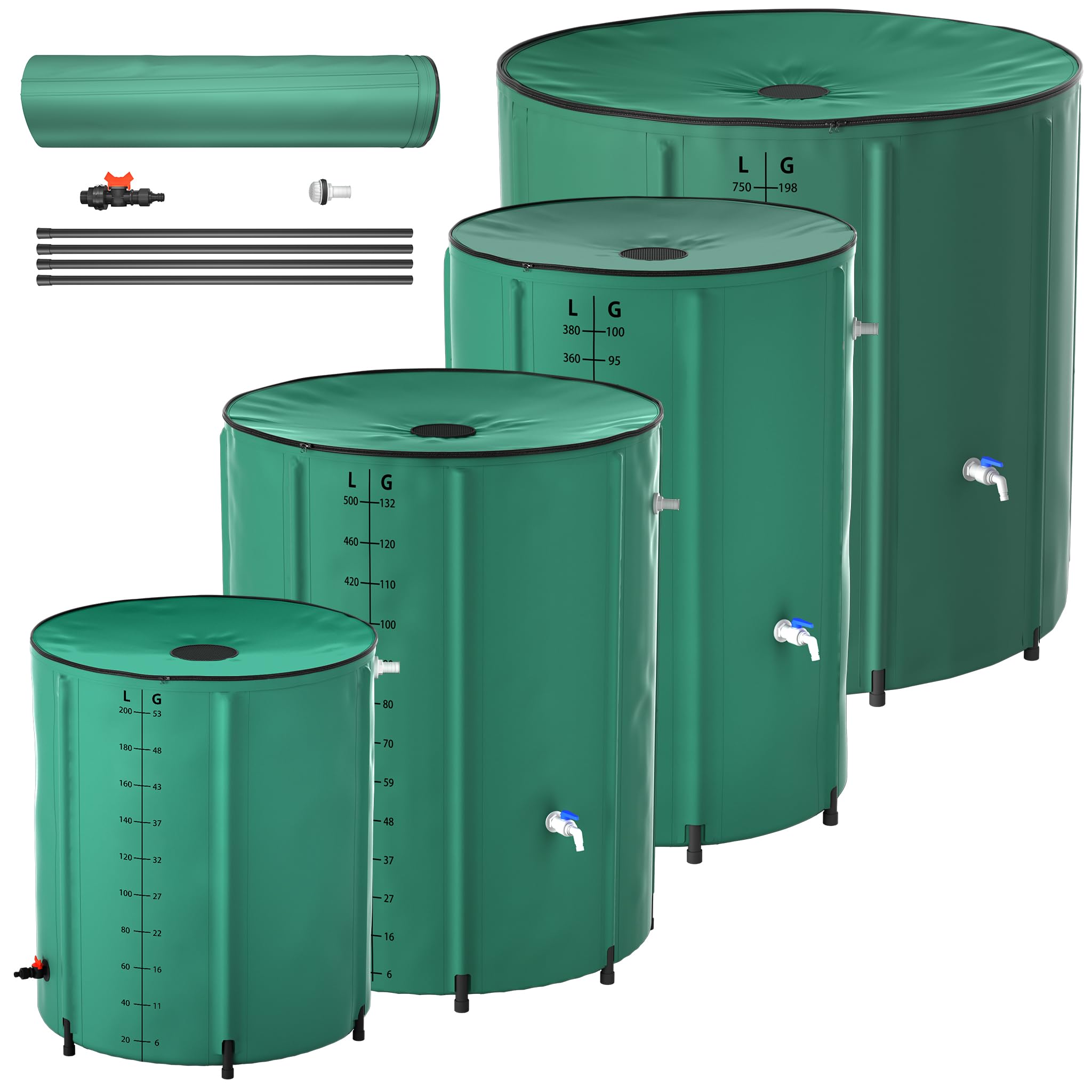 750L Faltbare Regentonnen 150 Gallonen Wasserauffangbehälter mit Wasserhahn, Skala & Ablauf Tragbare Regenwassertonne mit Stützstab Grün Wassertank zum Sammeln von Regenwasser Garten Regentank