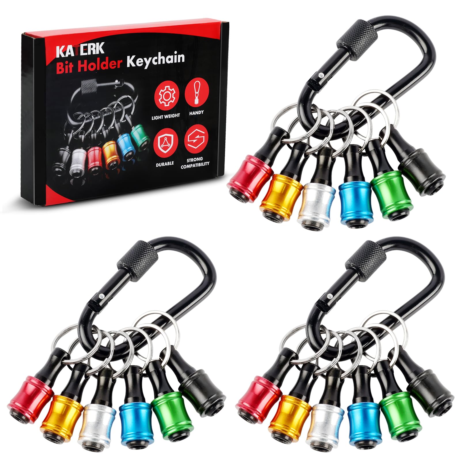 katerk 18pcs Bit Holder with Carabiner Socket for Mens Gift, 1/4 inch Hex Shank Aluminum Alloy Screwdriver Bit Holders, Quick Release Easy Change Impact Driver Drill Bit Keychain Extension