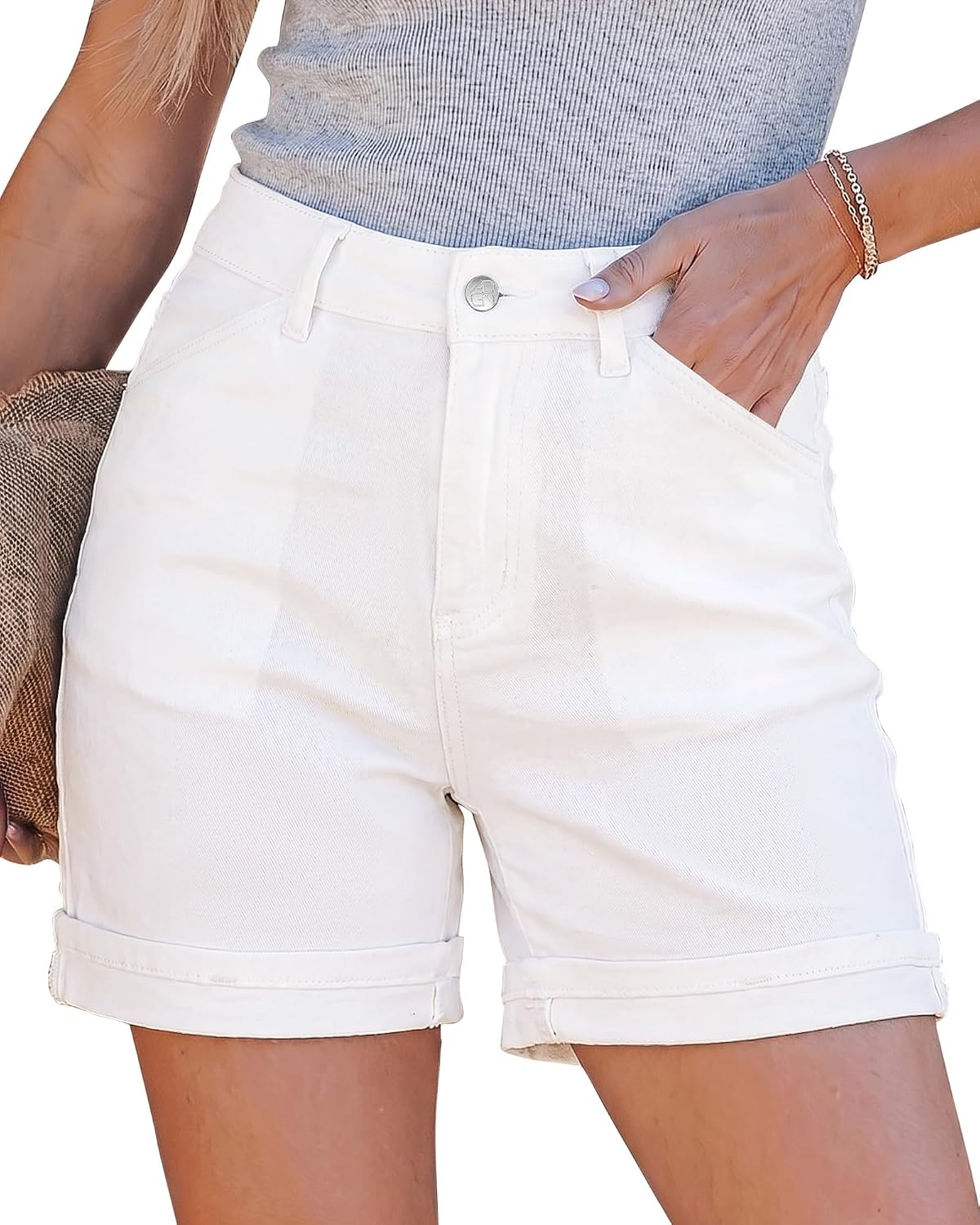 GRAPENT Jean Shorts for Women High Waisted Mid Thigh Cuffed Hem 5 Inch Inseam Stretchy Denim Shorts Summer Casual Jorts