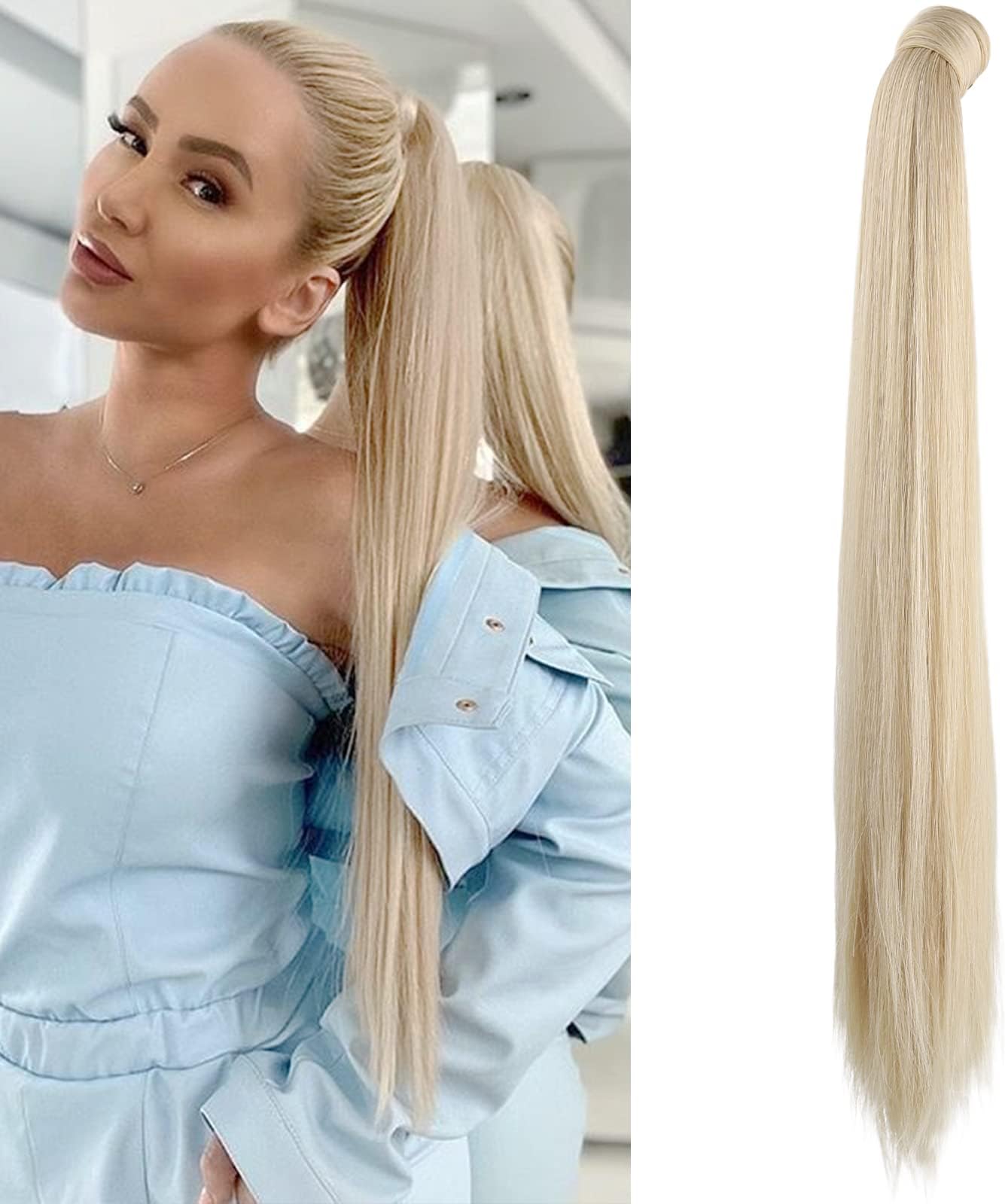 28 Inch Clip in Ponytail Extension Wrap Around Long Straight Pony Tail Hair Synthetic Hairpiece for Women Color Cool Platinum Blonde