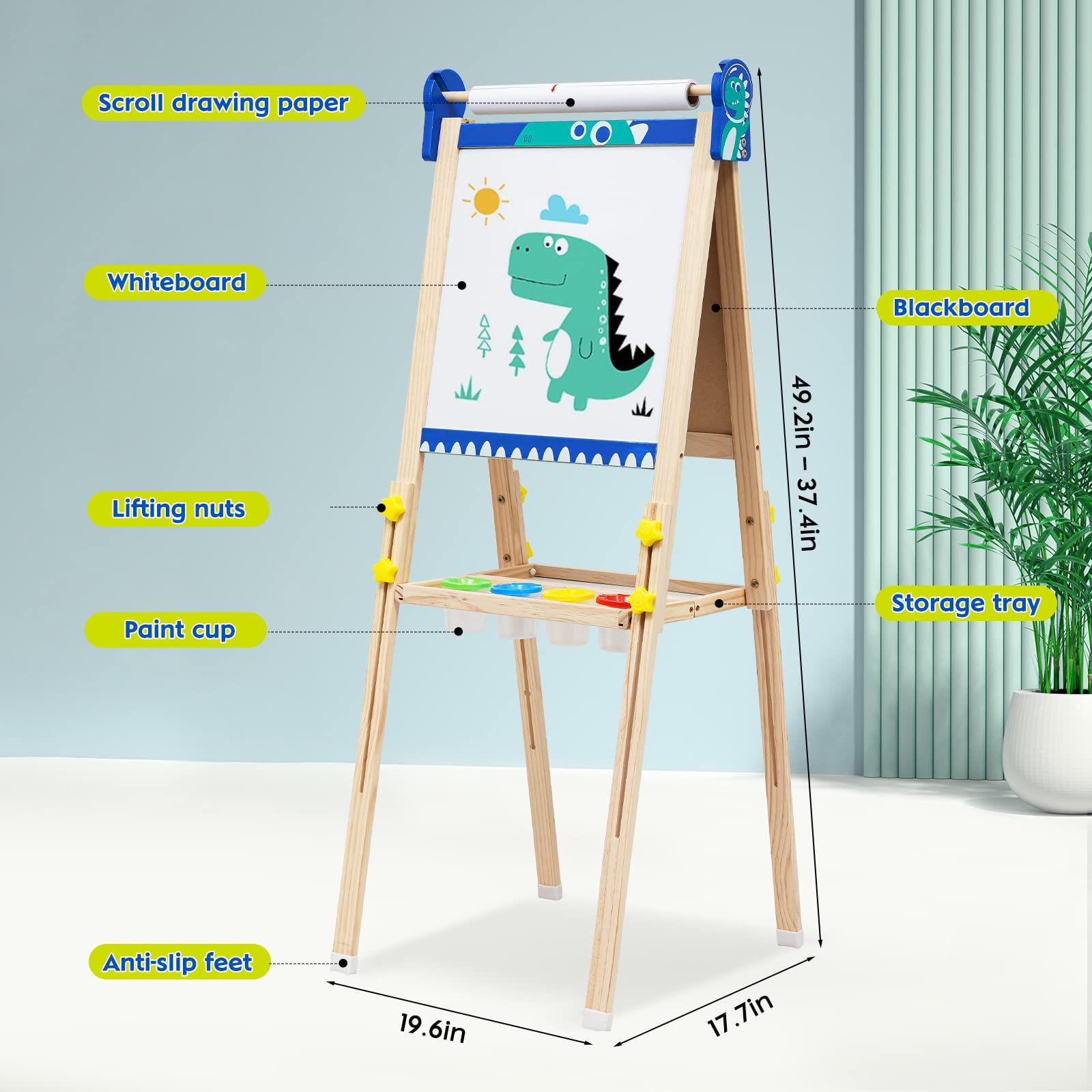 Kinder Spiel-Tafel aus Holz| Faltbare Doppelseitige Kunststaffelei für Whiteboard und Kreidetafel|höhenverstellbar mit Papierrolle, Kreidetafel, Whiteboard, Stift, Reichhaltige Accessoires
