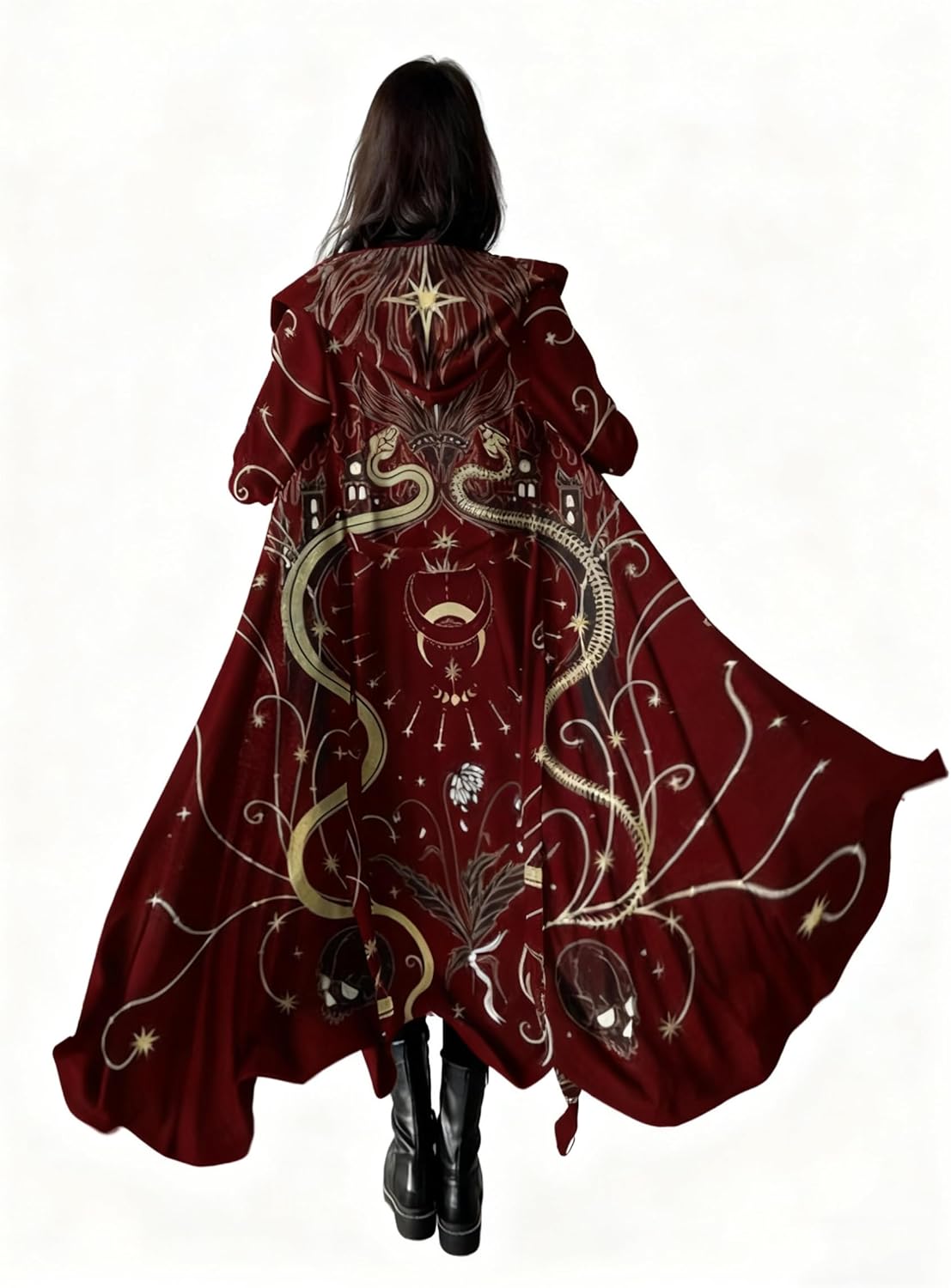 Women Long Wool Trench Coat Gothic Winter Open Front Belted Overcoat Casual Wool Blend Peacoat Fall Jacket with Hood