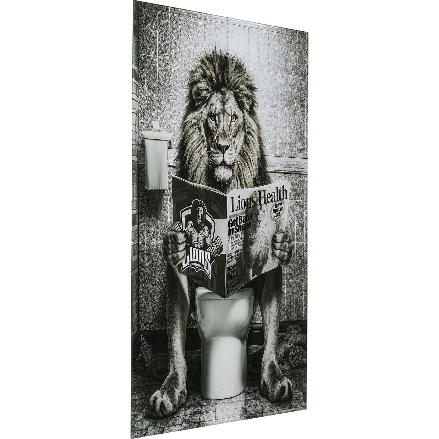 Kare Design quadro di vetro Bath Lion, bianco/nero, 60x80 cm, stampa su vetro, motivo leone, divertente, pop art, per bagno, corridoio, casa moderna