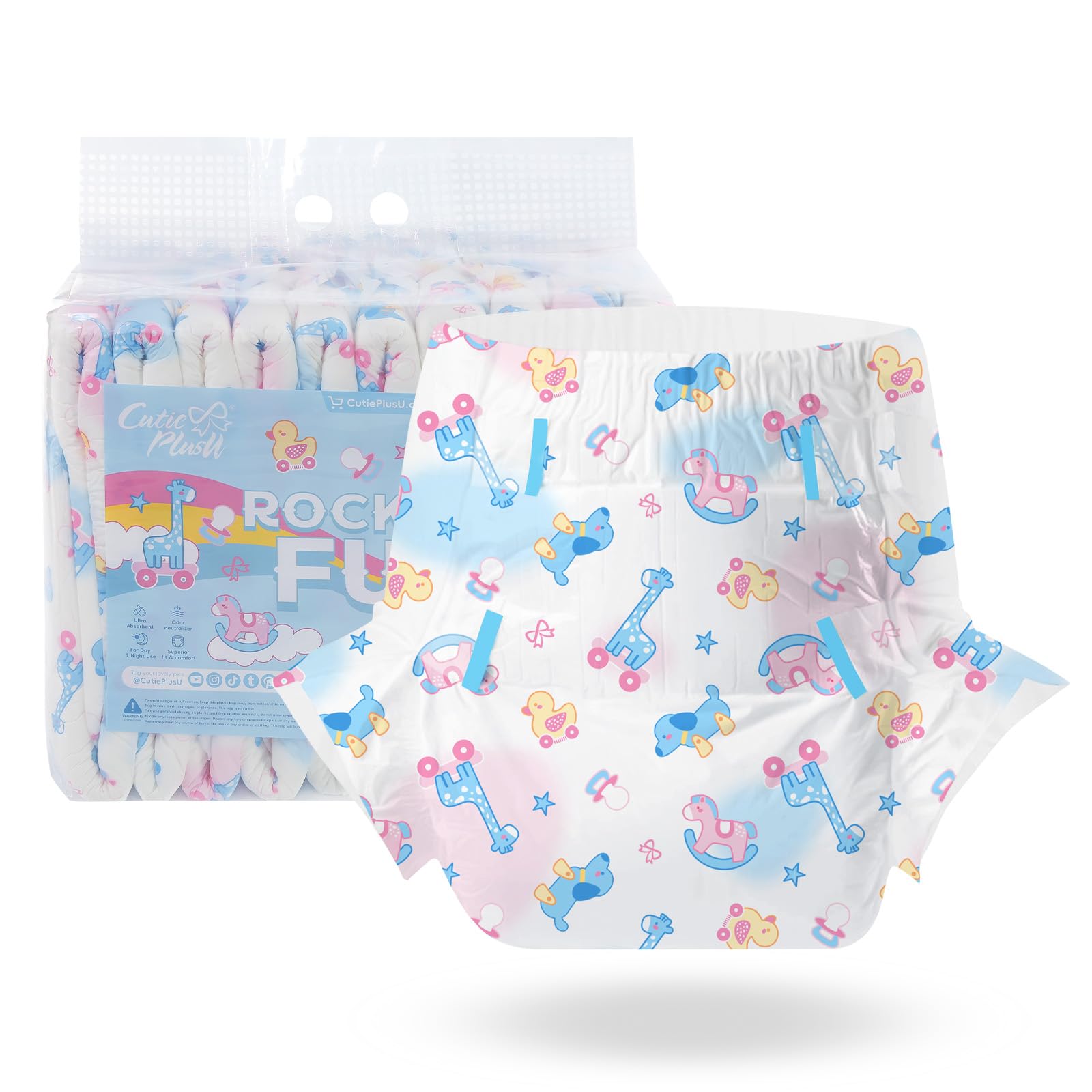 CutiePlusU Windeln für Erwachsene 10 Stück, Einweg-Inkontinenzslip mit Laschen für Frauen und Männer, maximale Saugfähigkeit über Nacht- Rocking Fun (Mittel 28"-38")