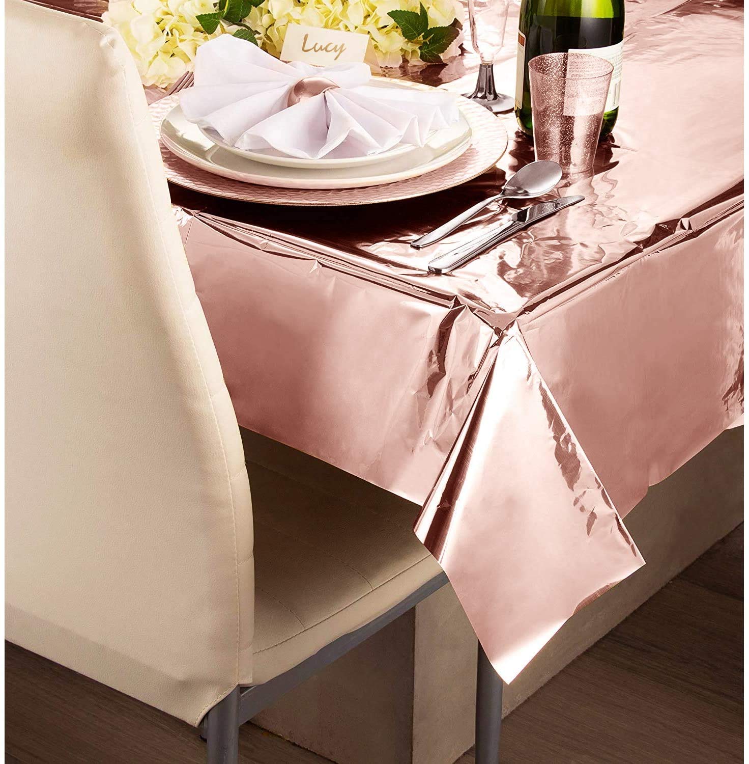 Set Decorazione Festa Oro Rosa: Tovaglia 1x2,7 M E 2 Tende Glitterate In Lamina Metallica Per Compleanno, Matrimonio, Baby Shower - 3