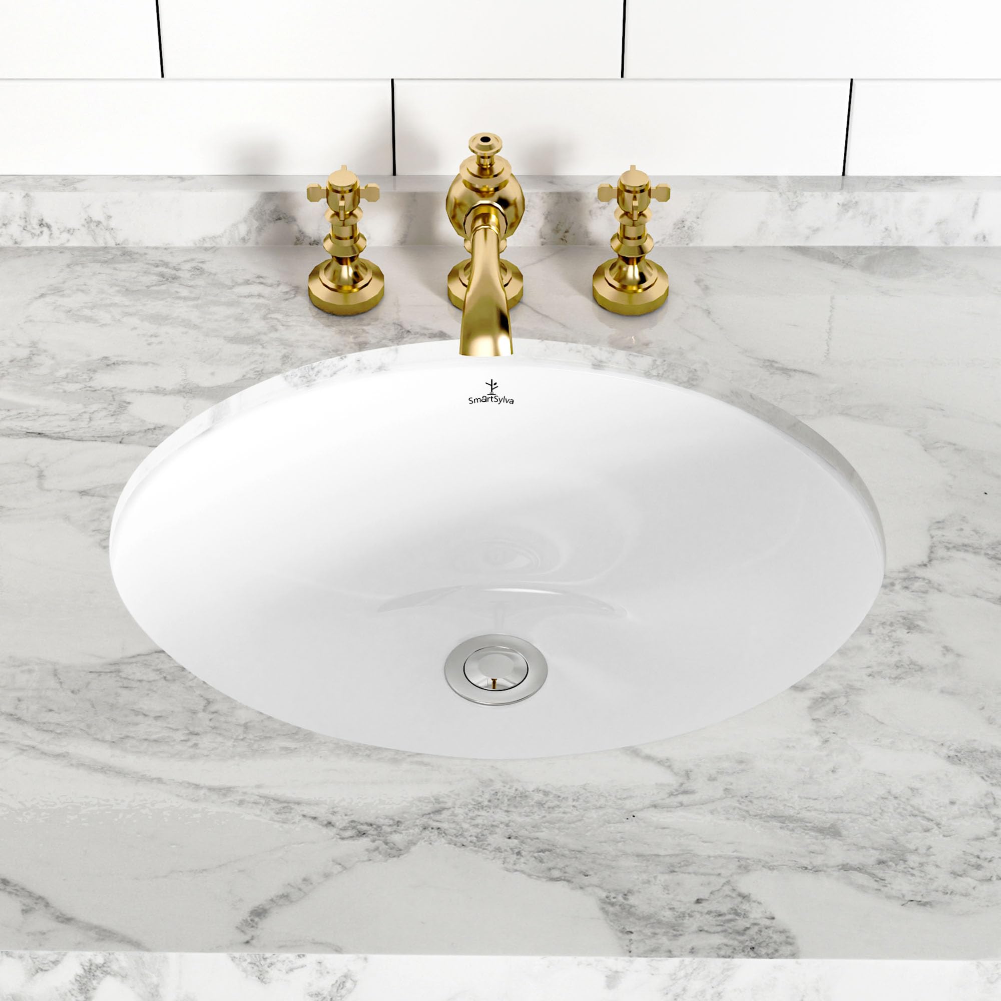 Lavandino da bagno ovale, 38,7 x 30,5 cm (dimensioni interne), ovale, in porcellana ceramica, sottotop con troppopieno, bianco