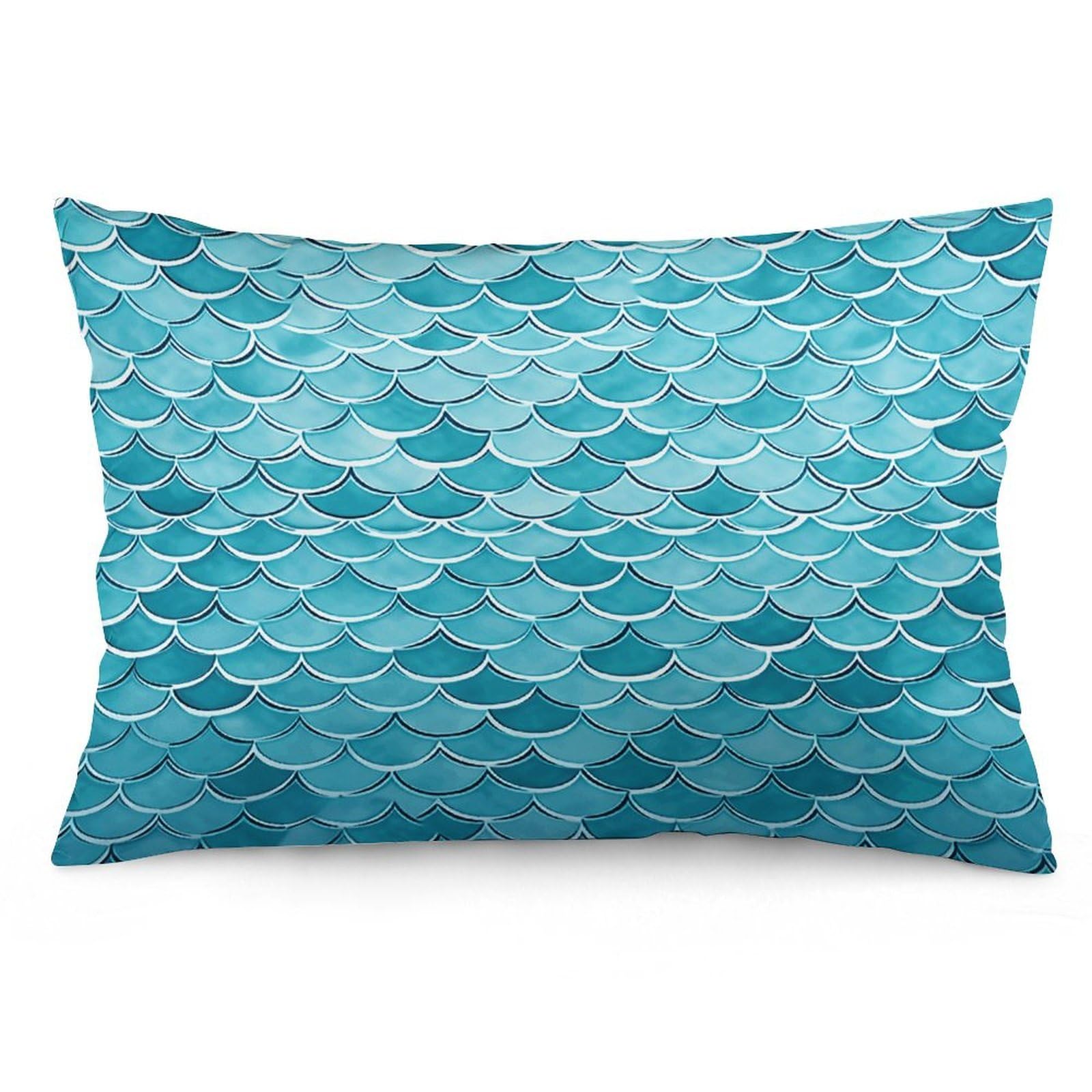 Blue Waves Squama Mermaid Scale Throw Pillow Cover Soft Pillow Case Decorative Lumbar Pillow Cover Cozy Throw Pillowcase Polyester Rectangular Cushion Case Decor for Couch Sofa Bed