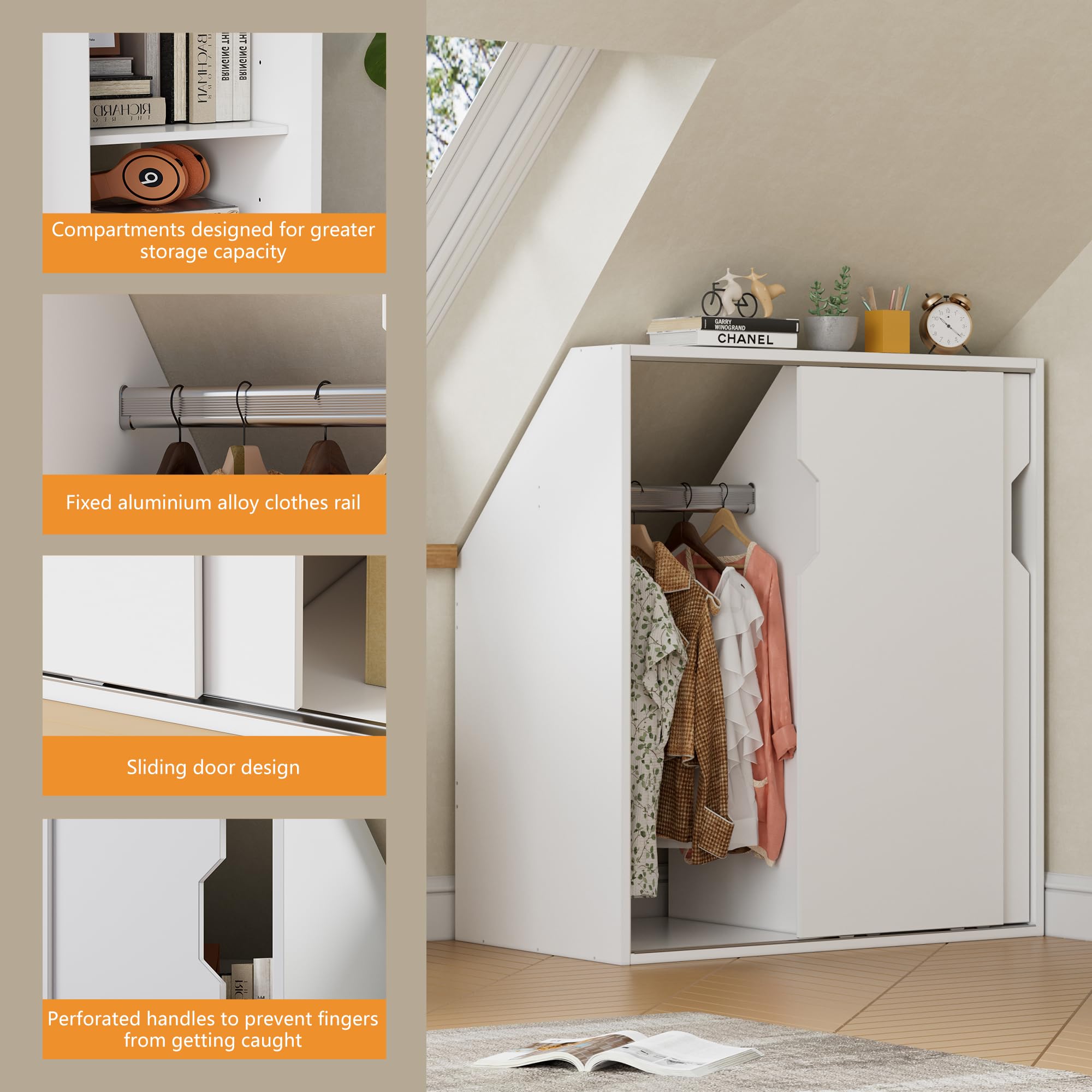 MSFE Dachschrägenschrank mit 2 Türen, Dachschrägenregal 100 x 80 x 52CM Kleiderschrank im schräger Wand Bücherregal in Holz geeignet für die platzsparende Aufbewahrung unter Dachschrägen Weiß