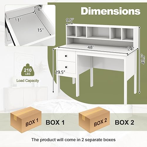 Miniatura 3 de Giantex Escritorio blanco con cajones y gabinete, escritorio de oficina en casa con estación de carga, 5 cubos de almacenamiento, mesa de tocador de