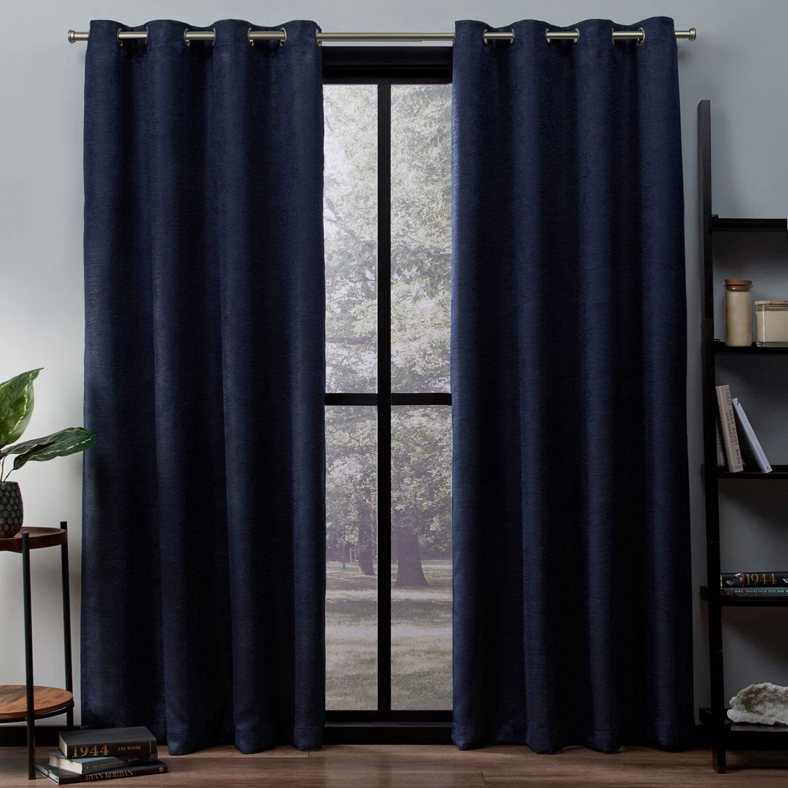 Exclusive Home Oxford Textured Sateen Room Darkening Blackout Grommet Top Curtain Panel Pair, 52"x108", Navy