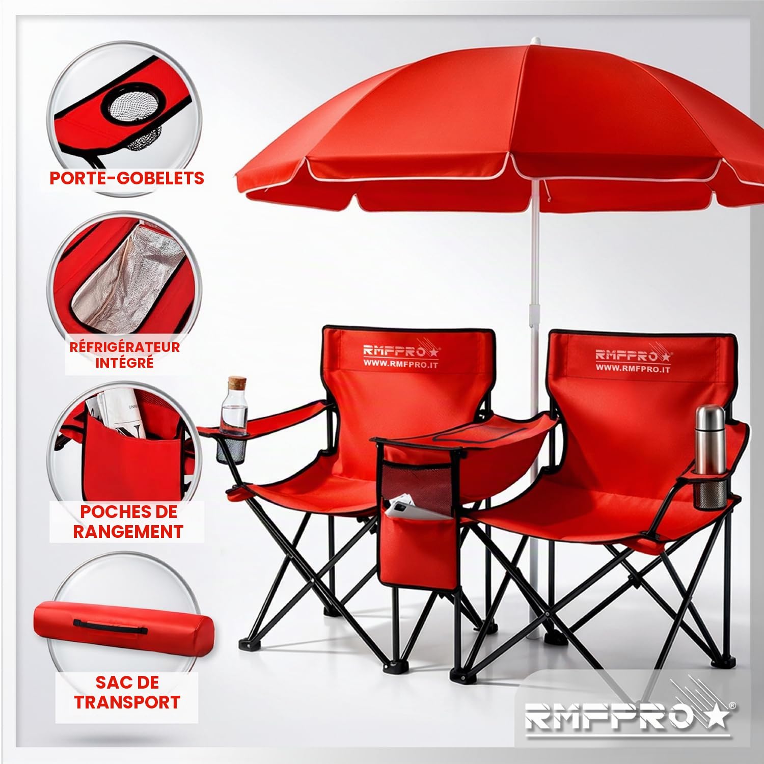 Set avec Parasol et 2 Chaises d'Extérieur idéal pour la Mer ou Le Camping, avec Glacière Centrale et Porte-Boissons - Idéal Aussi pour la Pêche, Structure en Acier avec Housse Transport Rouge