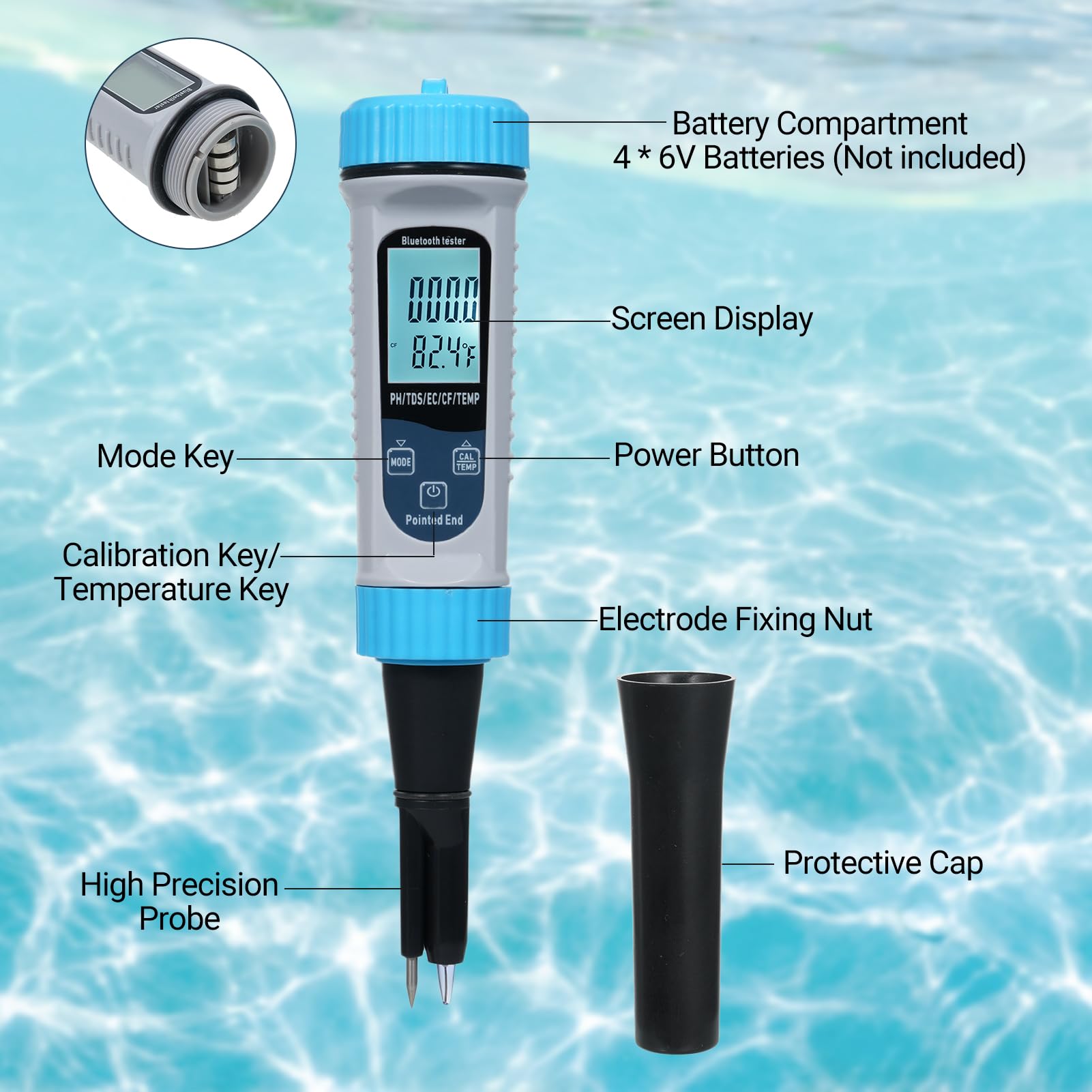 pHmetro 5 in 1 con misurazione ad alta precisione BT di pH/TDS/EC/CF/Temp Kit per test dell'acqua per acqua potabile domestica, acquario di laboratorio di coltura e altro ancora
