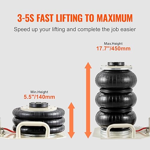 Miniatura 4 de VEVOR Gato de aire de 3 toneladas6600 libras, conector de aire de triple bolsa, con seis tubos de acero, elevación de hasta 17.7 pulgadas17.717 in,