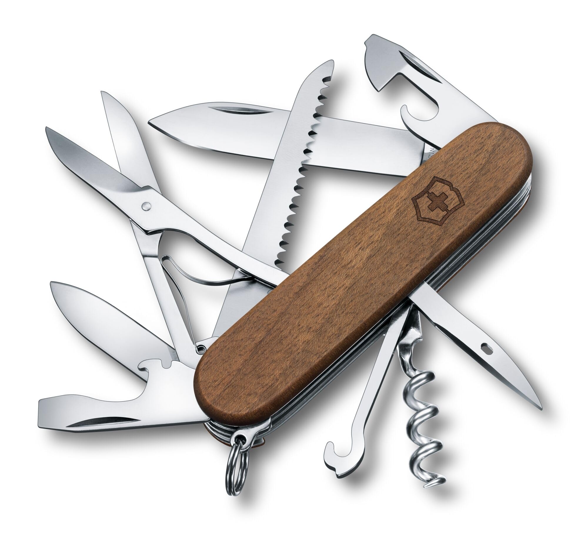 VictorinoxHuntsman Swiss Army Pocket Knife, Medium, Multi Tool, 13 Functions, Blade, Bottle Opener, Wood, 91mm