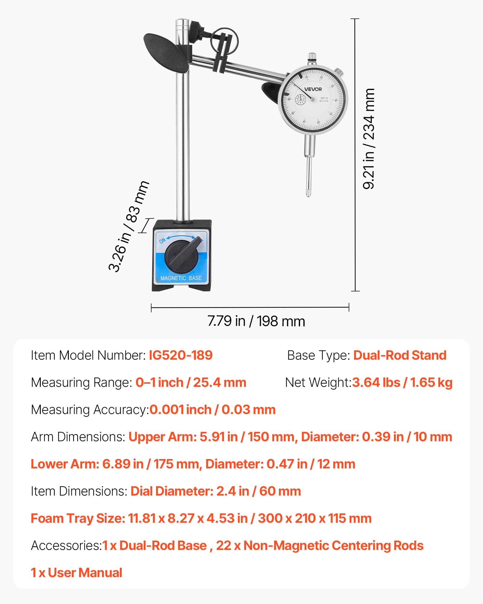 VEVOR Indicateur de test à cadran avec support à double tige et étui de rangement, comparateur à cadran, précision de 0,03 mm, plage de mesure de 0 à 25,4 mm, avec tiges de centrage non magnétiques