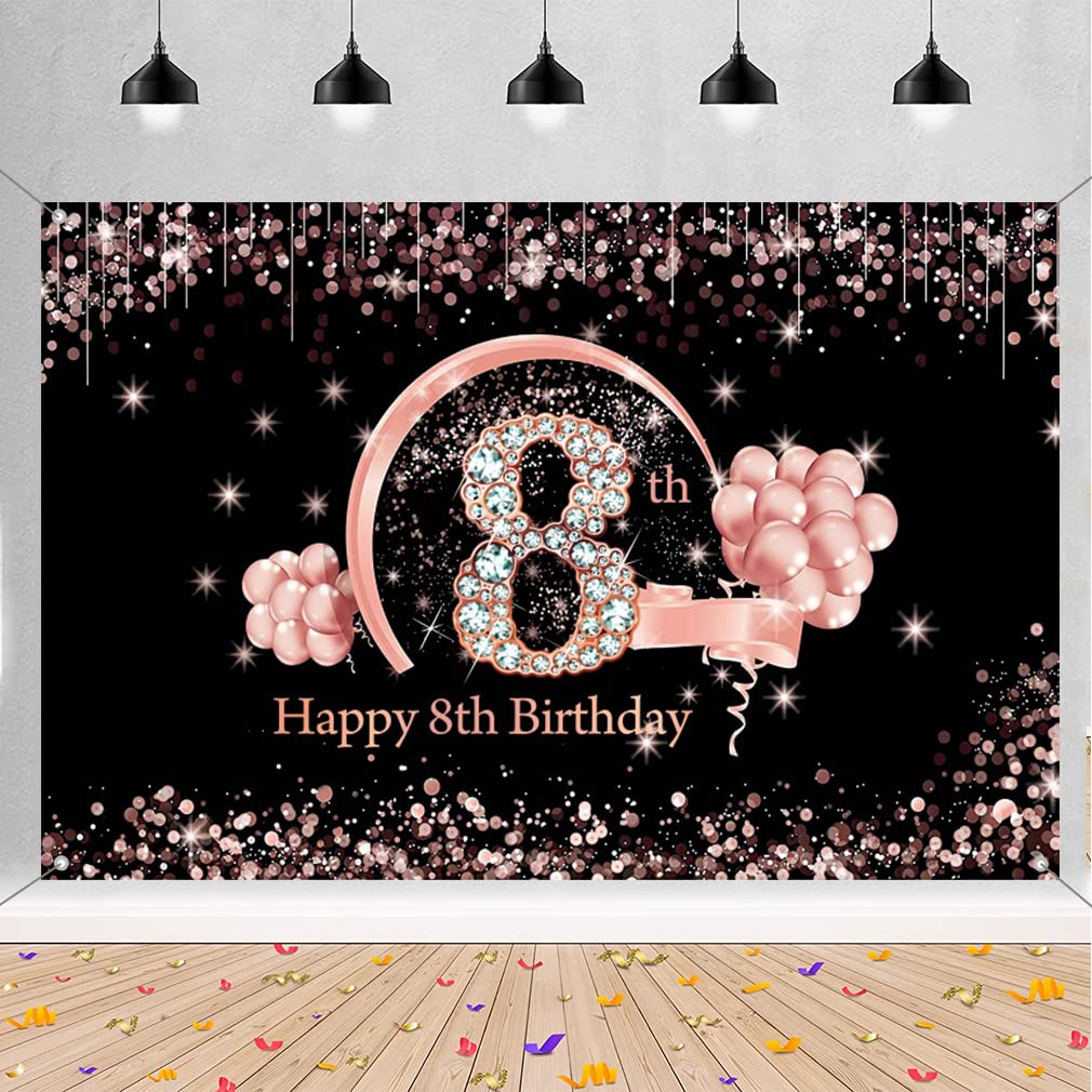 Happy 8th Birthday Stoffbanner – 150x90 Cm, Vinyl, Mit Glitzernden Elementen Für Mädchenpartys