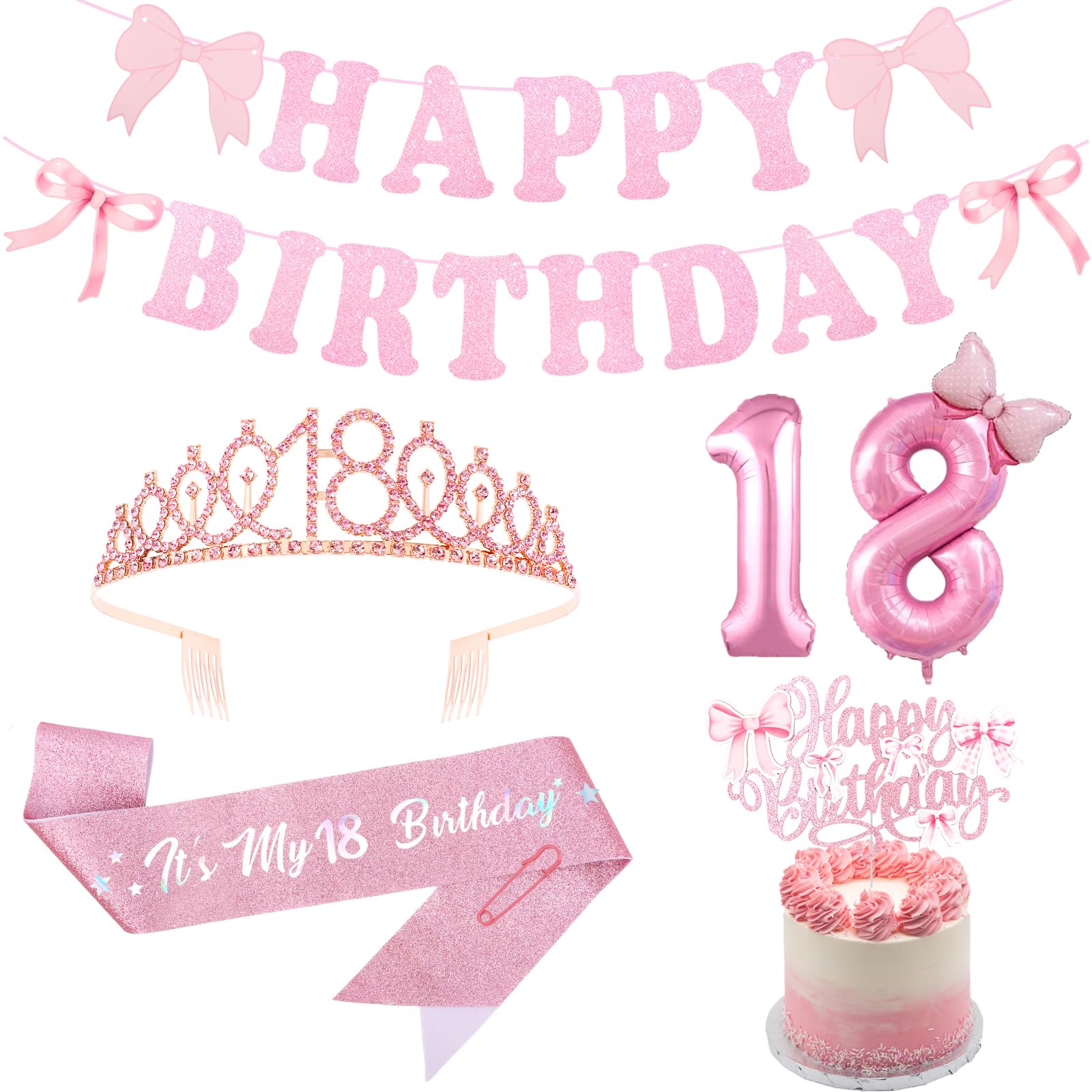 FASOTY Pink Bow 18th Birthday Decorations for Girls Happy 18th Banner, Sash and Crown, Balloons, Cake Topper Pink Bow Theme Birthday Party Supplies