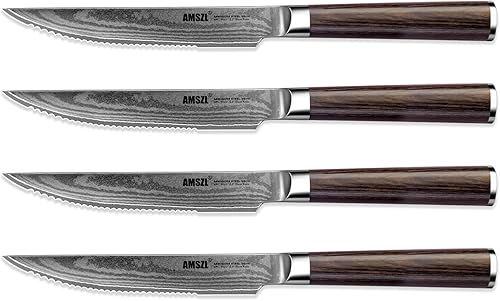 AMSZL Juego de 4 cuchillos para carne  Acero japonés VG10 Damasco  Juego de cuchillos dentados prémium de 55 pulgadas con asas de madera de disponible en Yaxa Colombia