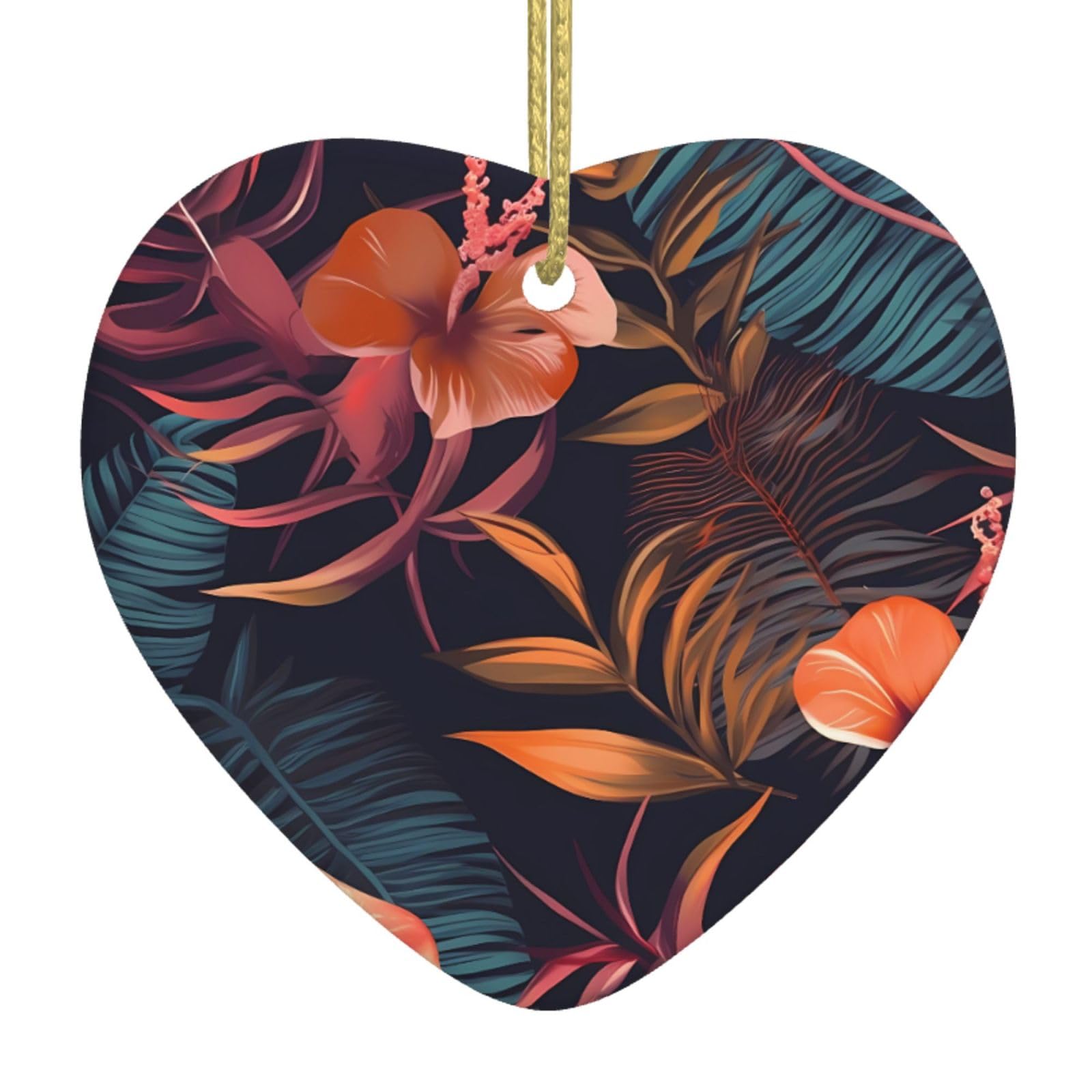 Ceramic Christmas Tree Hanging Ornaments with Gold Ropes Christmas Tree Decorations Heart Ceramic Tropical Flower Pendant Keepsake Decorations for Holiday Xmas Gift Ideas