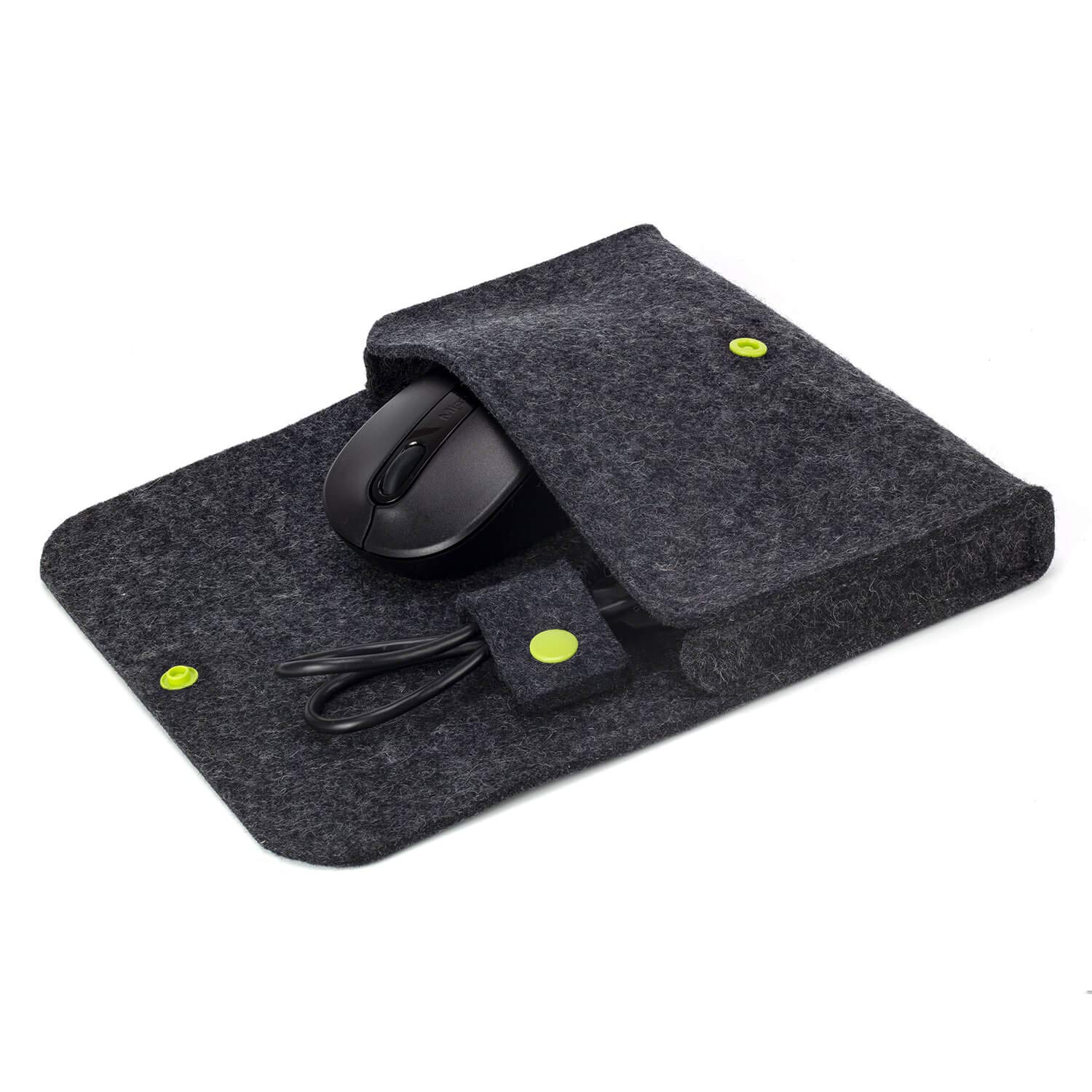 Stilbag Tasche für Elektronik Zubehör aus Wollfilz anthrazit, Knopf apfelgrün