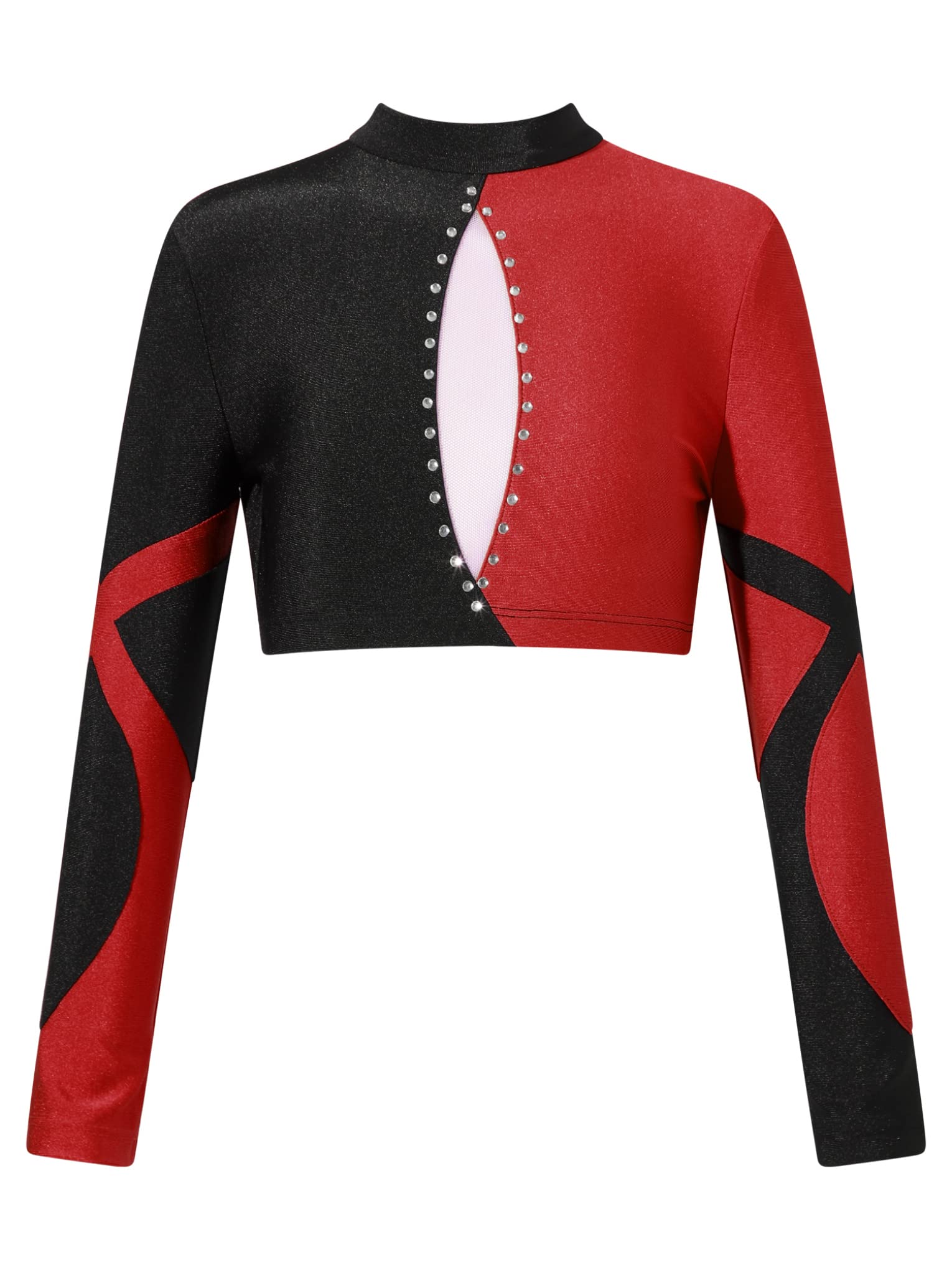 JanJean Kids Girls Long Sleeve Shiny Rhinestone Dance Crop Top for Hip Hop Jazz Streetwear Performance Show Red 6 Years