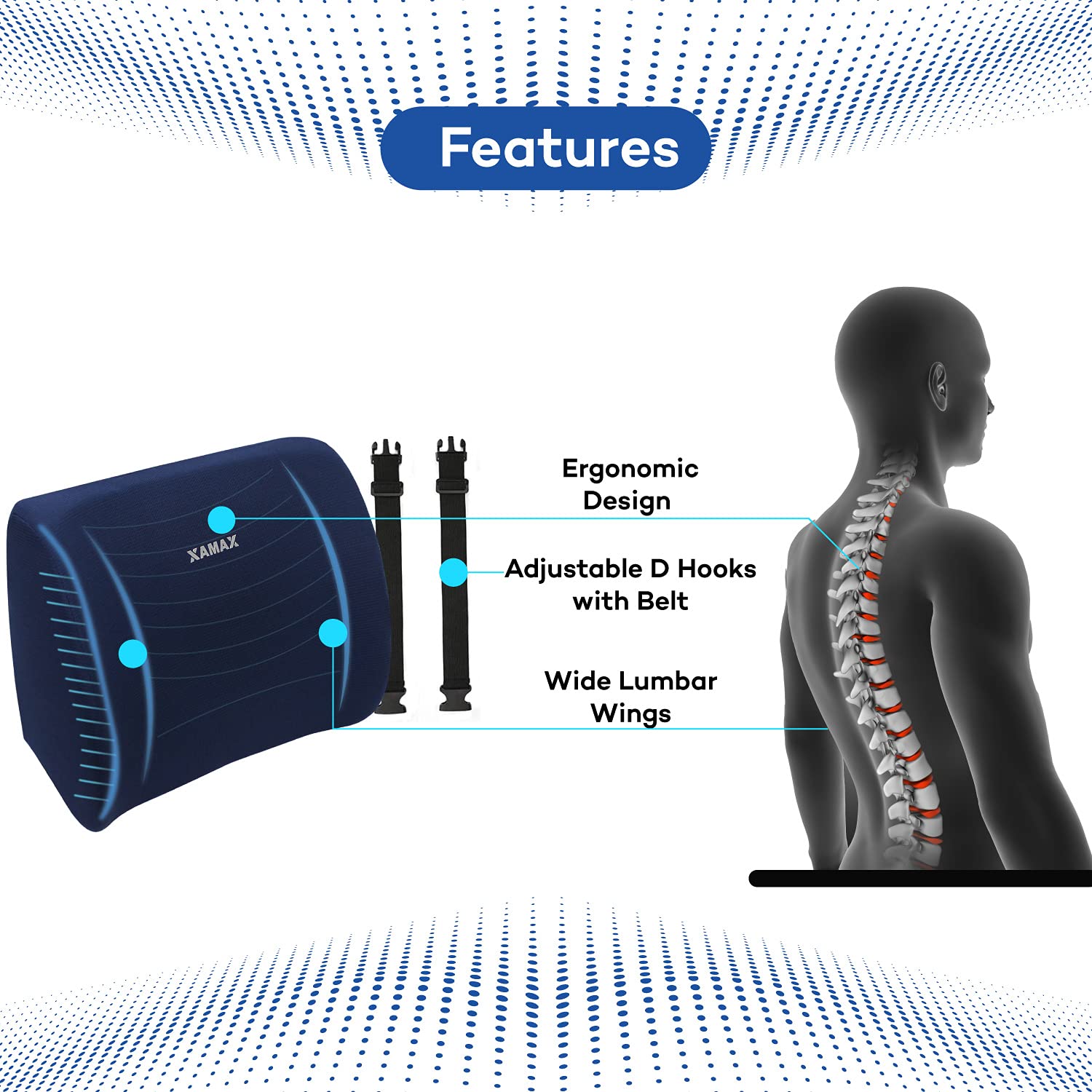 XAMAX 2nd Generation PRO L series LUMBAR SUPPORT Back Rest with Advanced POLY FLEXI FOAM,(Blue), Universal Size 2