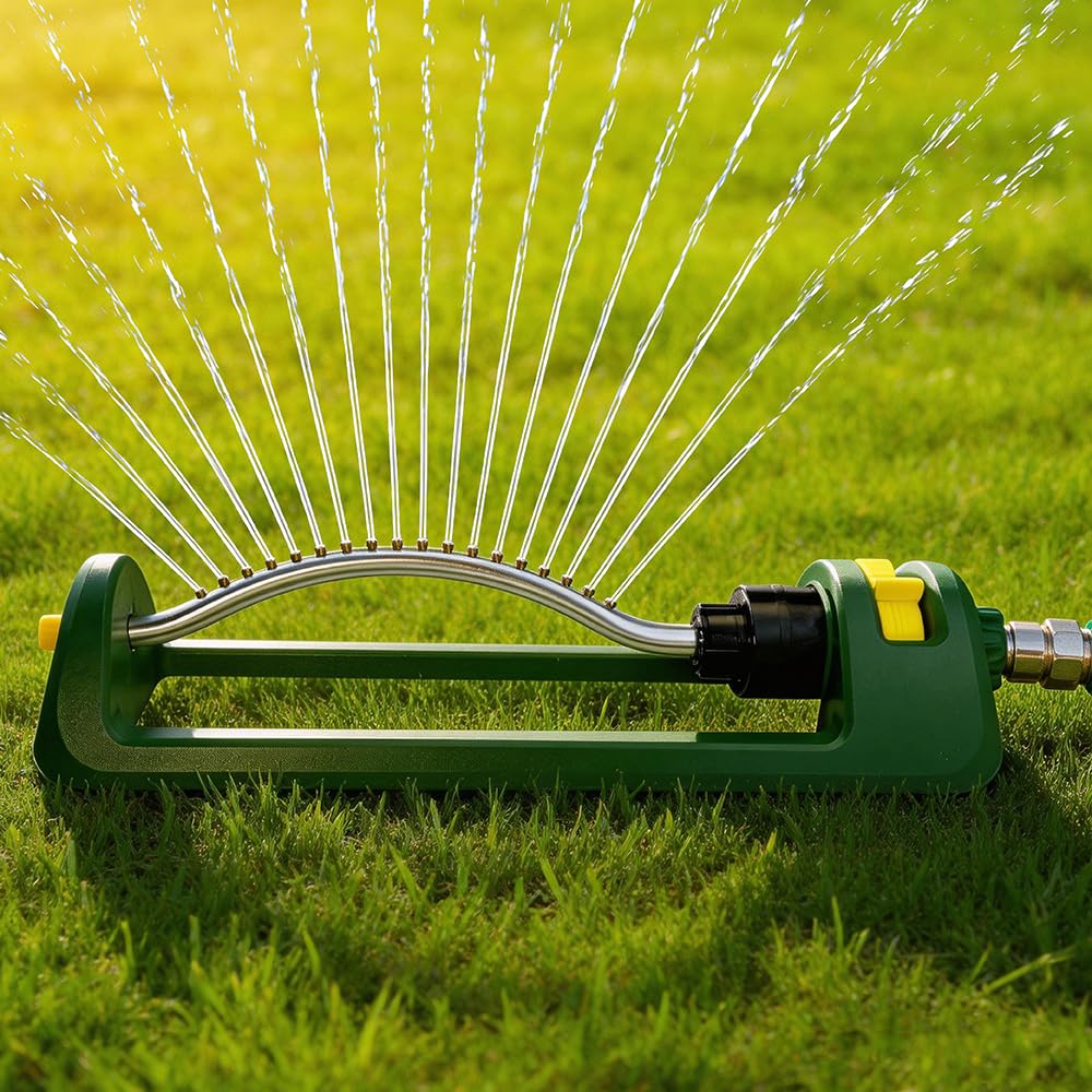 Photo 1 of Lawn Sprinkler, 18 Brass Nozzles Garden Water Oscillating Sprinkler for Yard Covers up to 3,600 sq.ft, Heavy Weight Base, Built-in Spray Jet Cleaning Needle, Green, Yellow
