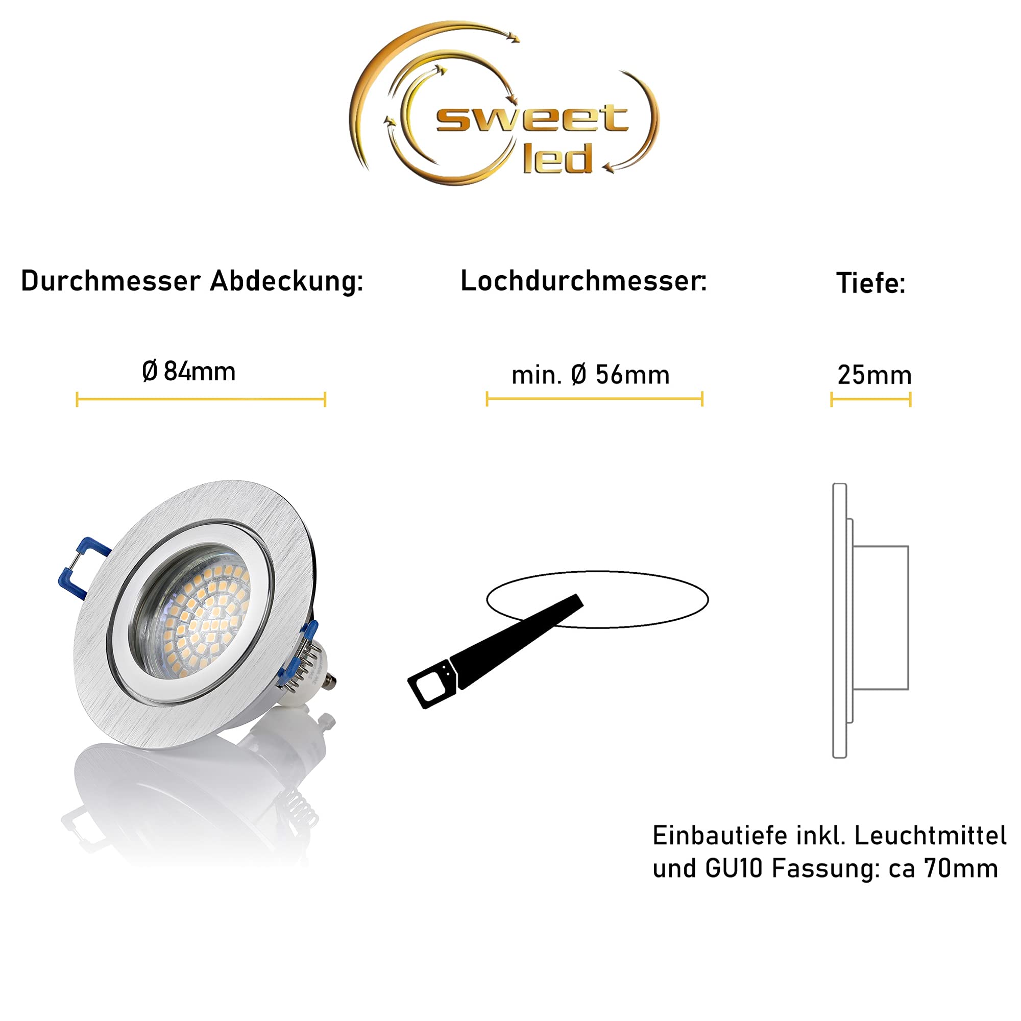 6x Cadre De Projecteur Encastré Acier Inoxydable - Rond Rond Plat IP