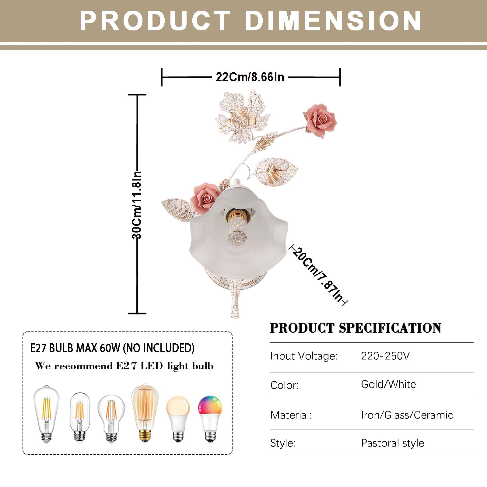 Blumen Wandlampe Innen Vintage,Weiße-Goldene Metal Base Deco Wandleuchte,Flower Lamp mit Glas-Lampenschirm Wall Sconces,Rosa Keramik Lampe Blume Wandleuchte füR Flur,Küche,Esszimmer,1Köpf.