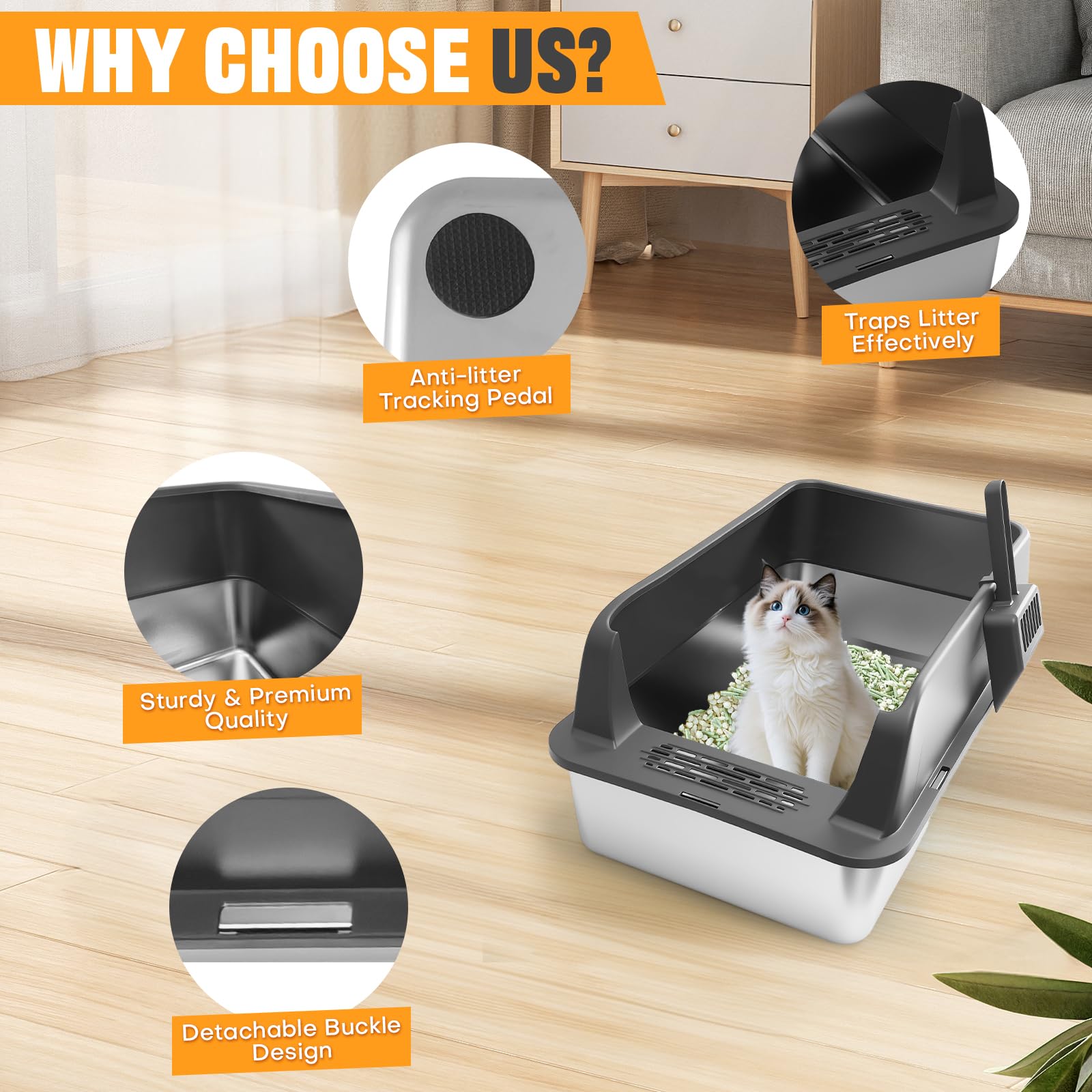 Homegroove Juego de 2 cajas de arena para gatos de acero inoxidable, 58 x 38 x 28 cm, XL, metal, para gatos grandes, con tapa y borde alto, incluye pala, fácil de limpiar (gris oscuro)