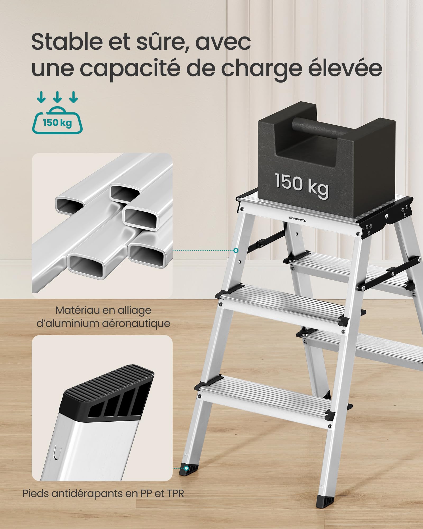 SONGMICS Échelle, Escabeau, Échelle en Alliage d'Aluminium, avec 3 Marches, Marche Pied Multifonctions, Charge : 150 kg, Gris Argent et Noir d'encre GLT23K | Escabeau avec 3 marches antidérapantes, gris argenté et noir encre GLT23K