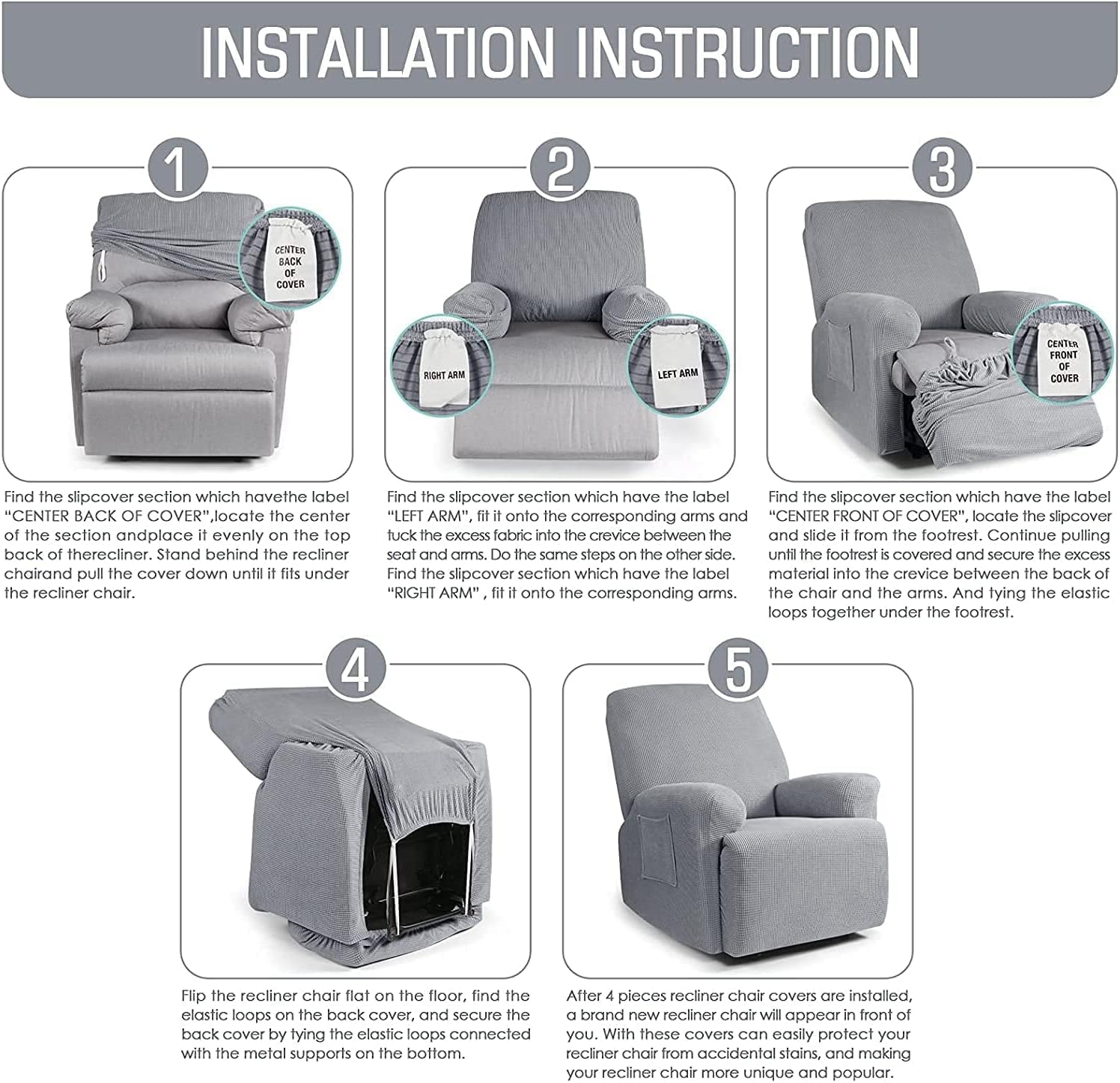 Stretch Recliner Chair Covers Soft Recliner Cover Washable Recliner Sofa Slipcover 4-Piece Lazy Chair Covers with Side Pocket for Living Room (Color : Gold)